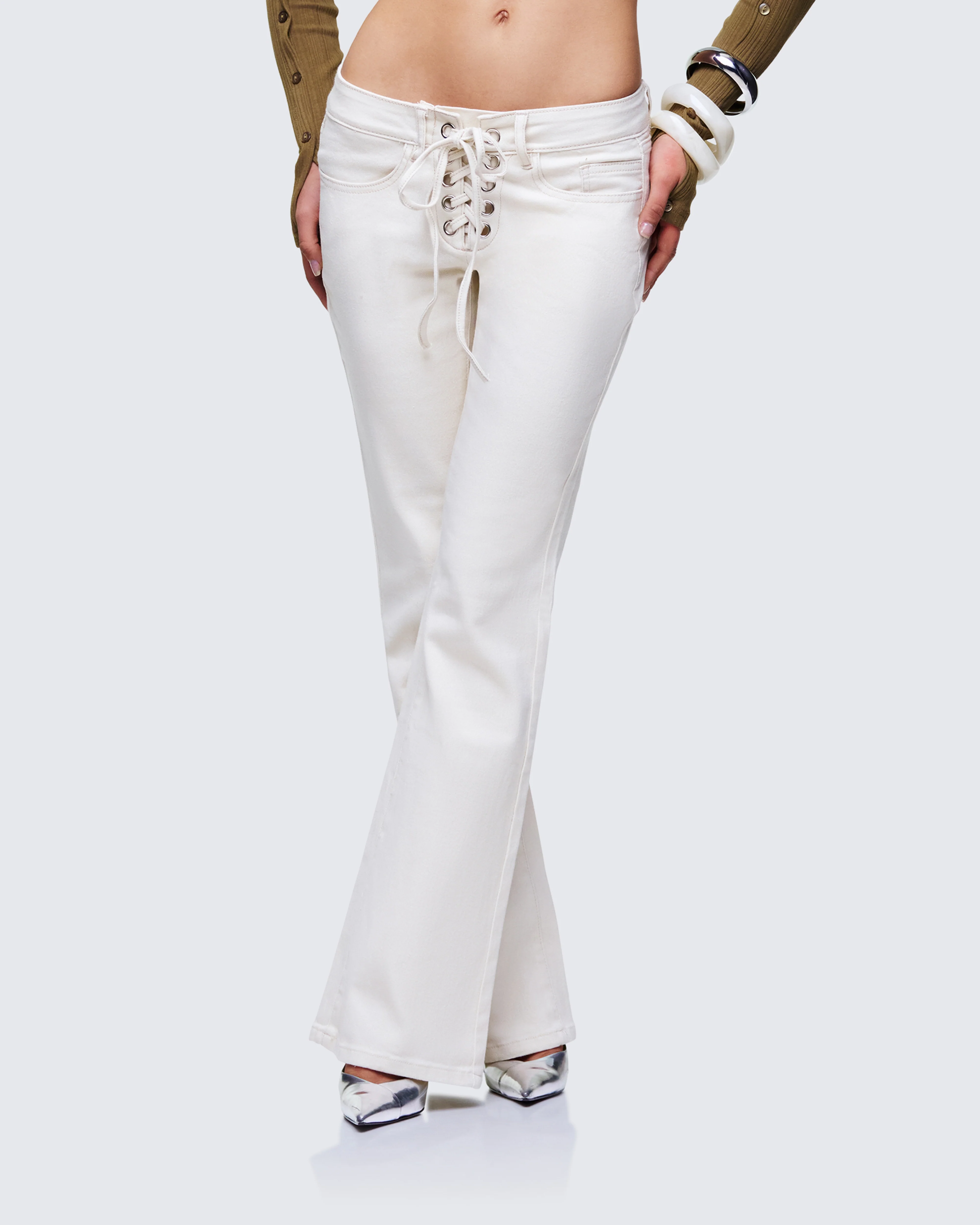 Abiola Ivory Denim Lace Up Jeans - Image 3