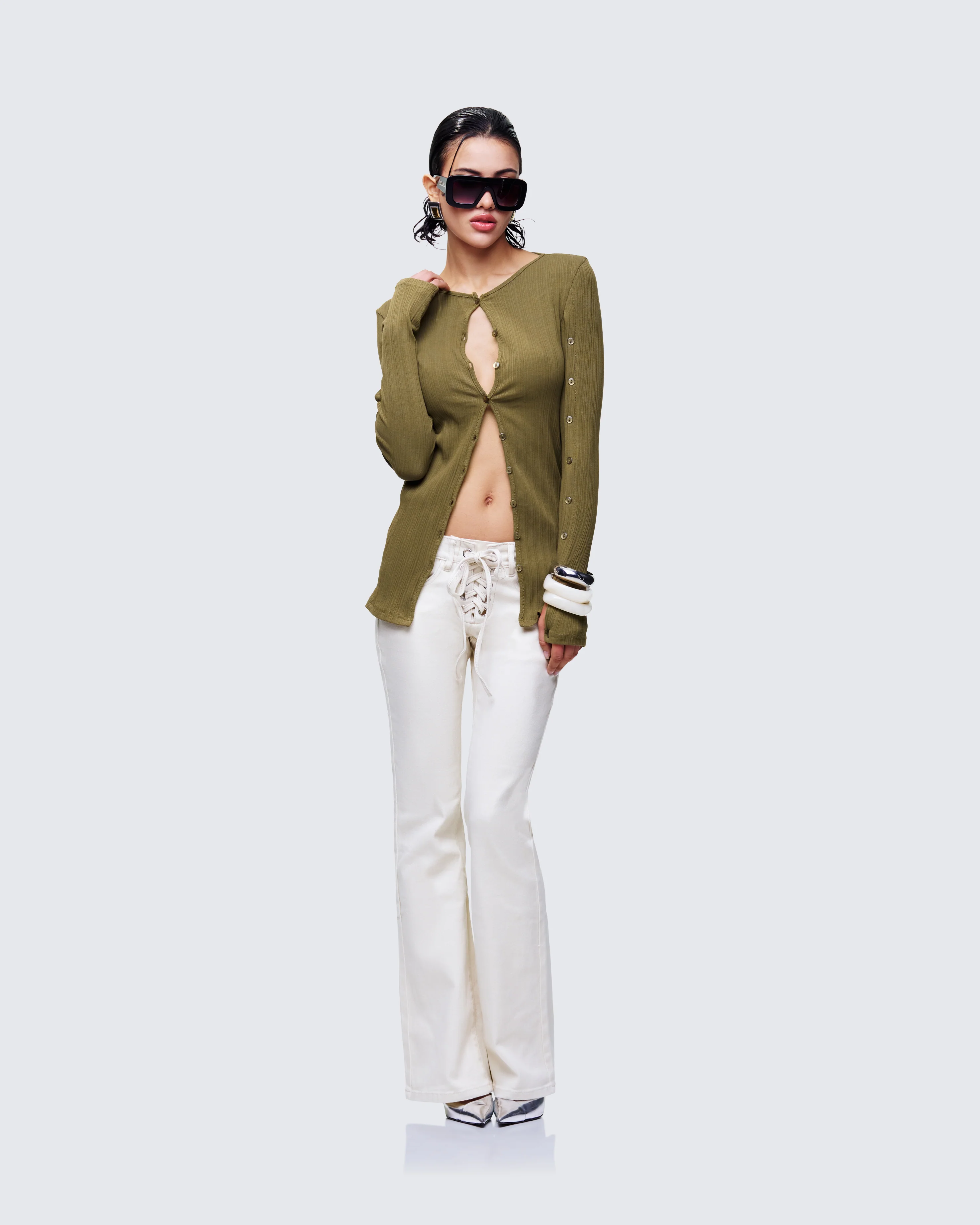 Abiola Ivory Denim Lace Up Jeans - Image 5