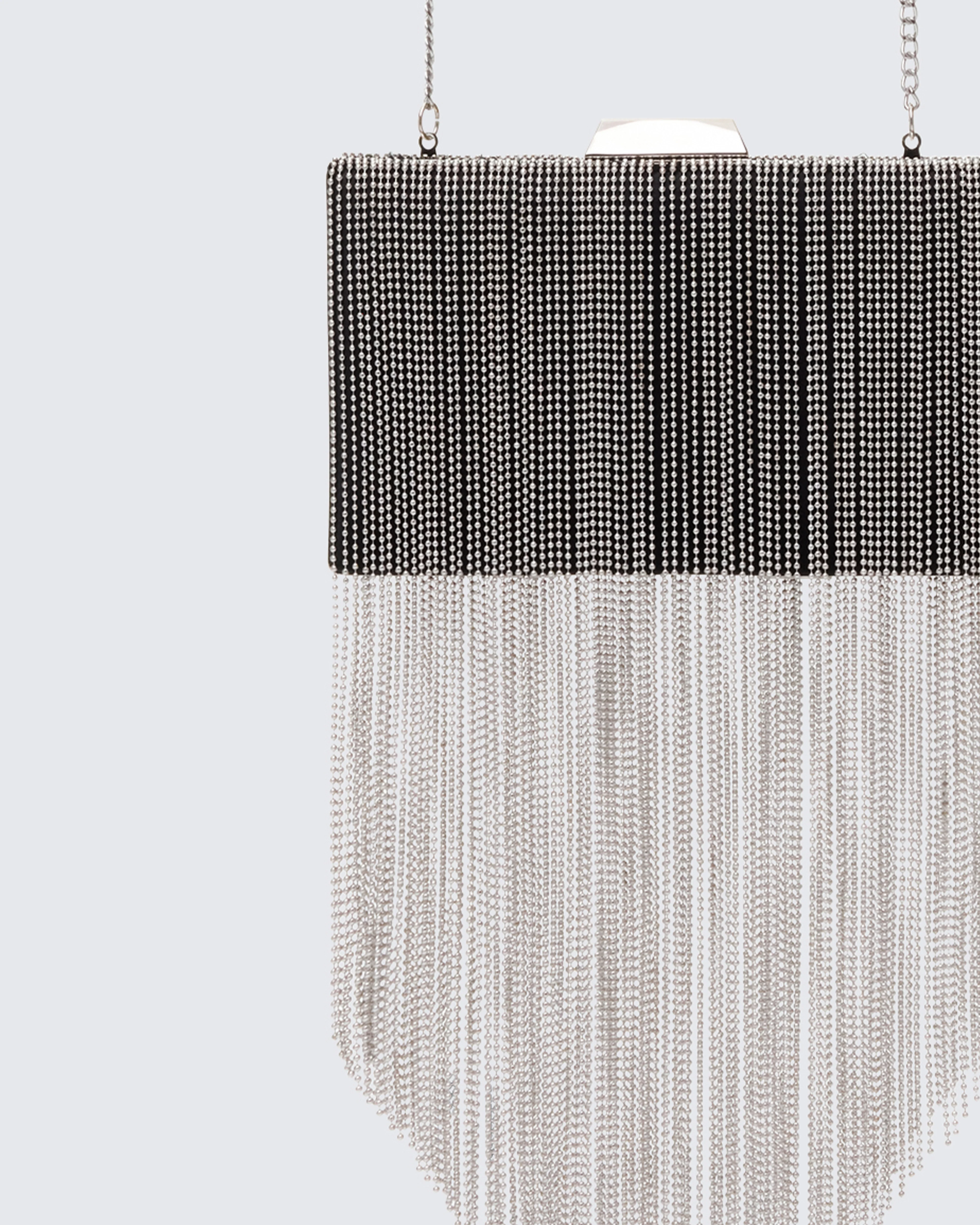 Acadia Black Gunmetal Chainmail Fringe Clutch - Image 3