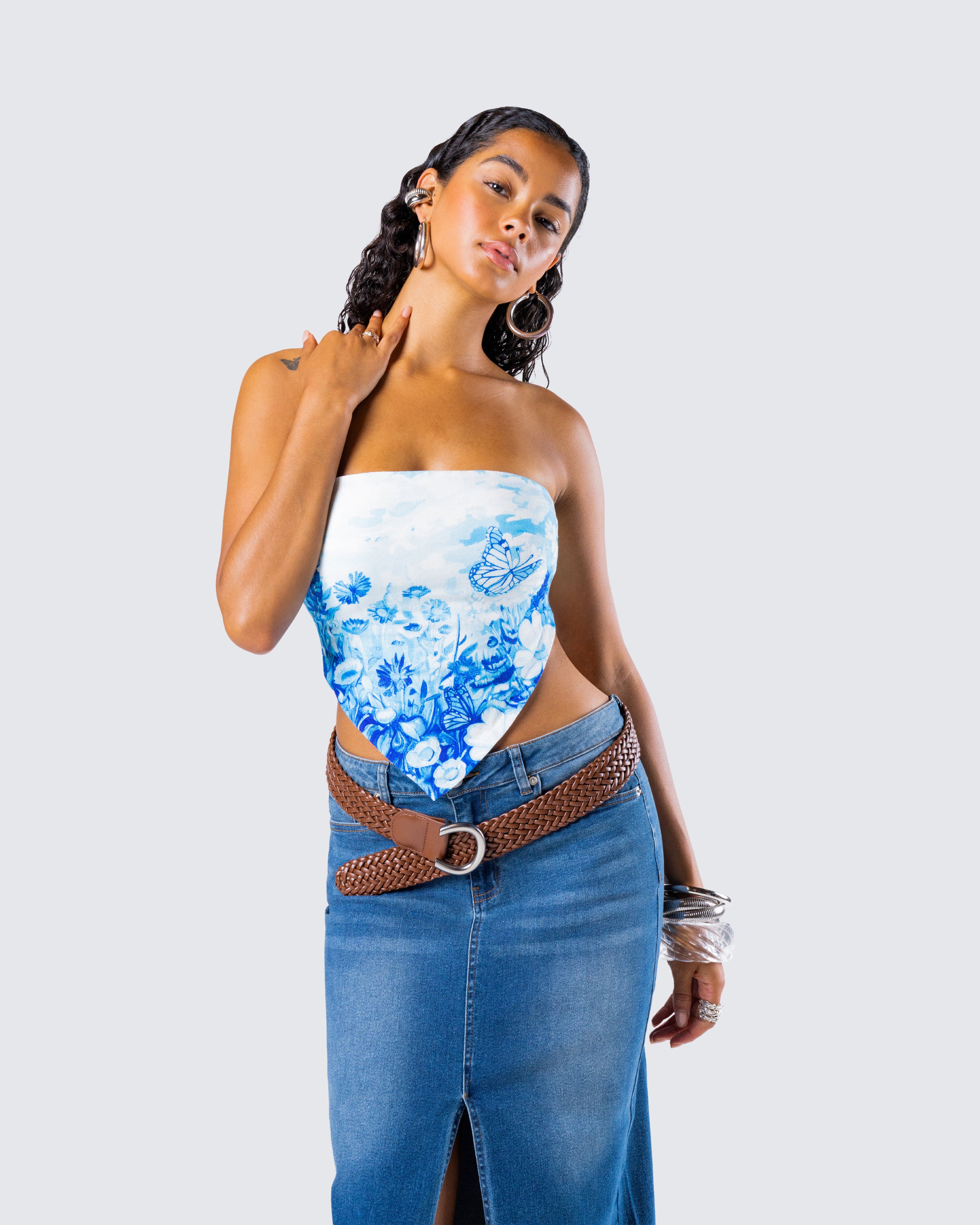 Ahmeira Blue Floral Print Tube Top - Image 8