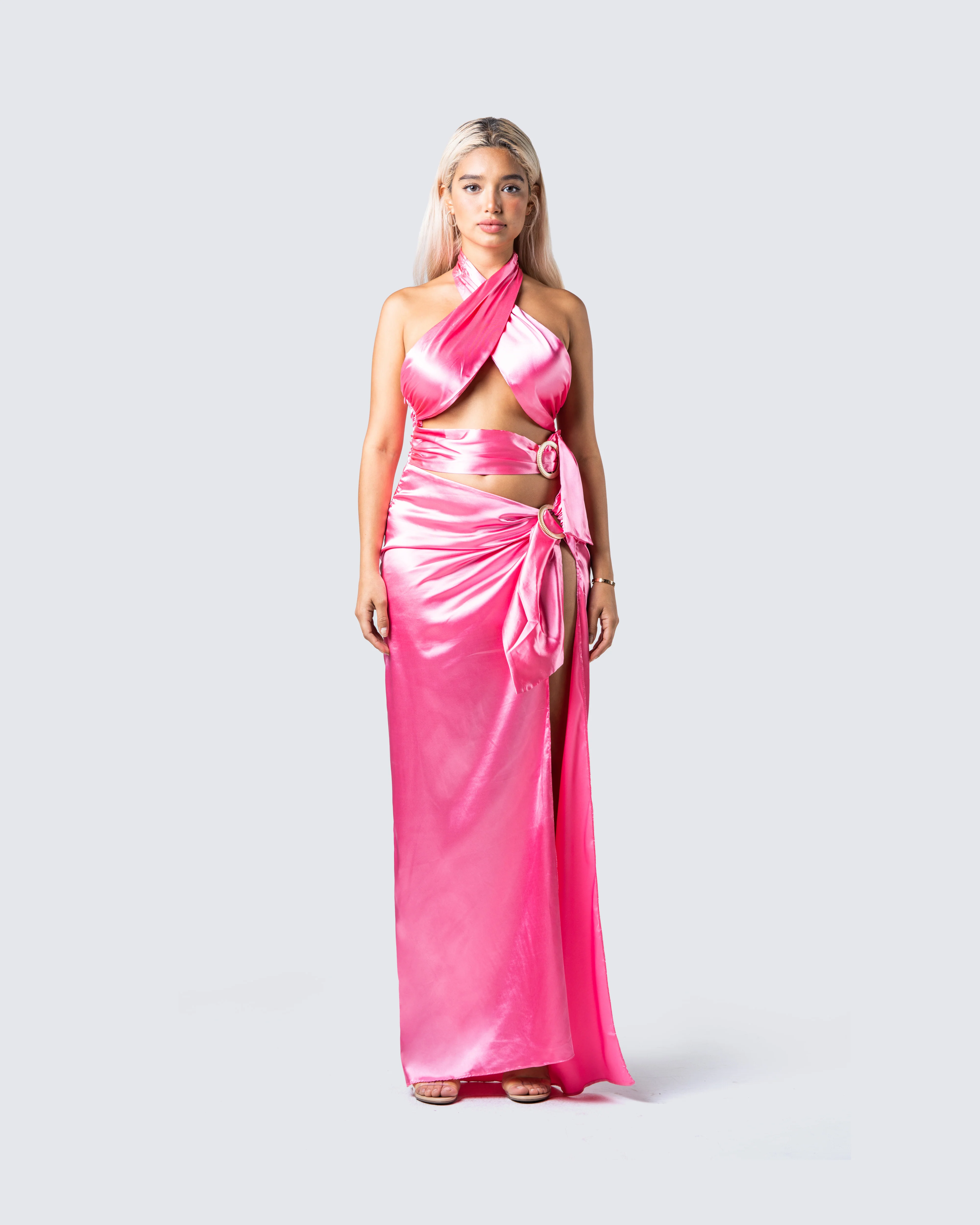 Alaina Pink Satin Maxi Dress - Image 4