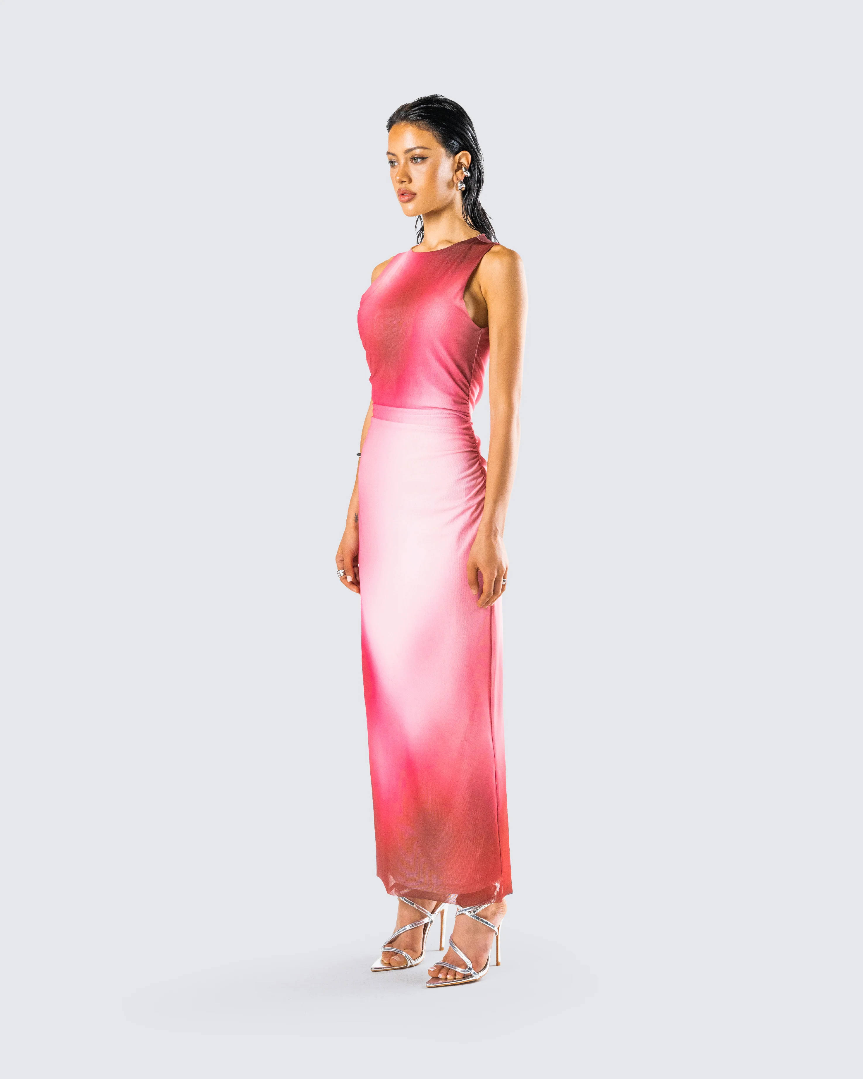Aldina Red Print Mesh Maxi Dress - Image 5