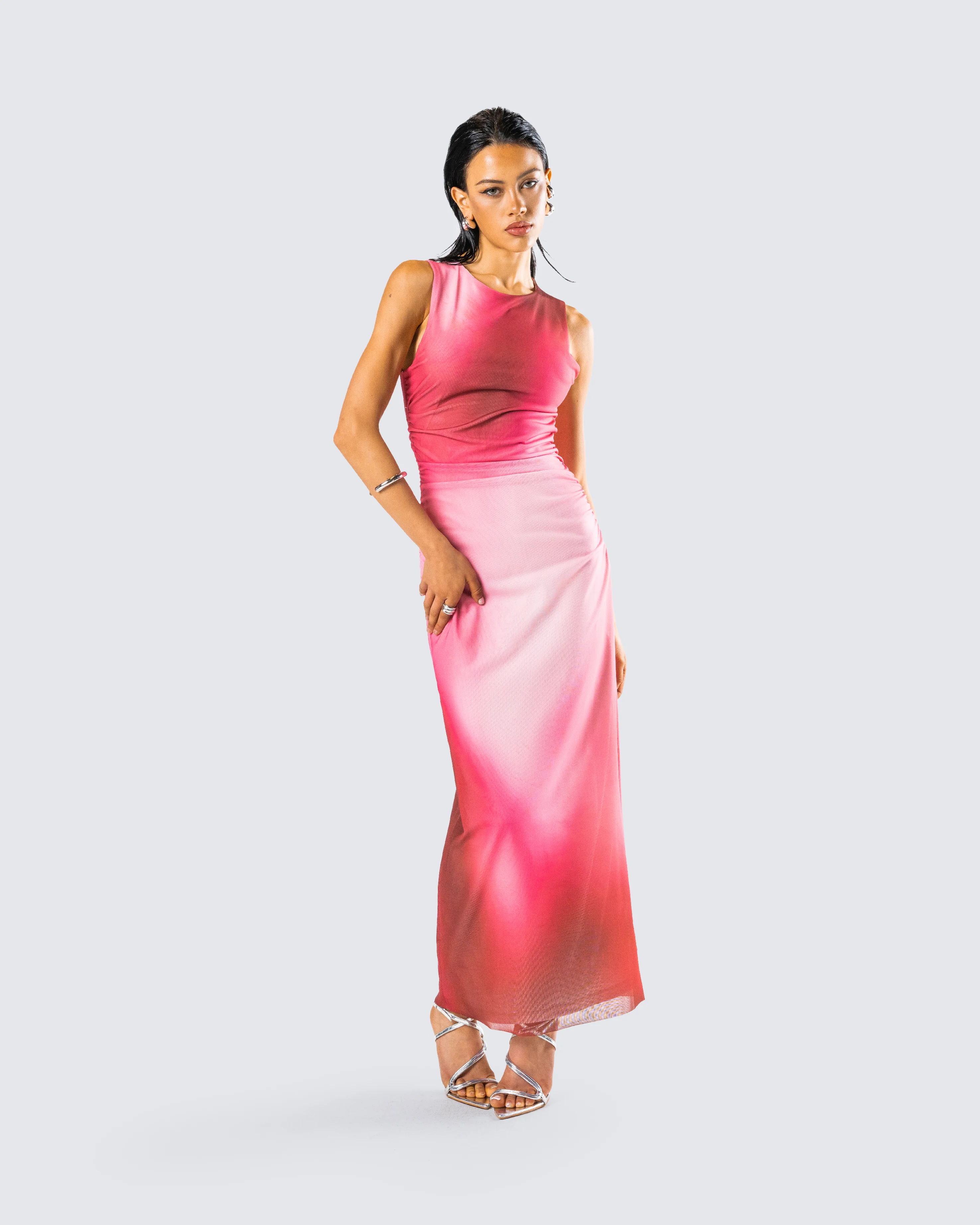 Aldina Red Print Mesh Maxi Dress - Image 8