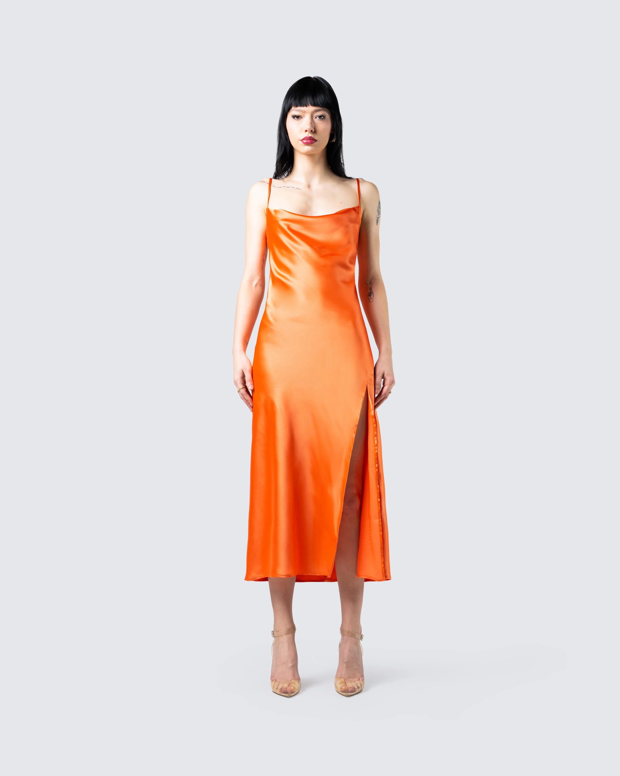 Alina Orange Satin Midi Dress - Image 4