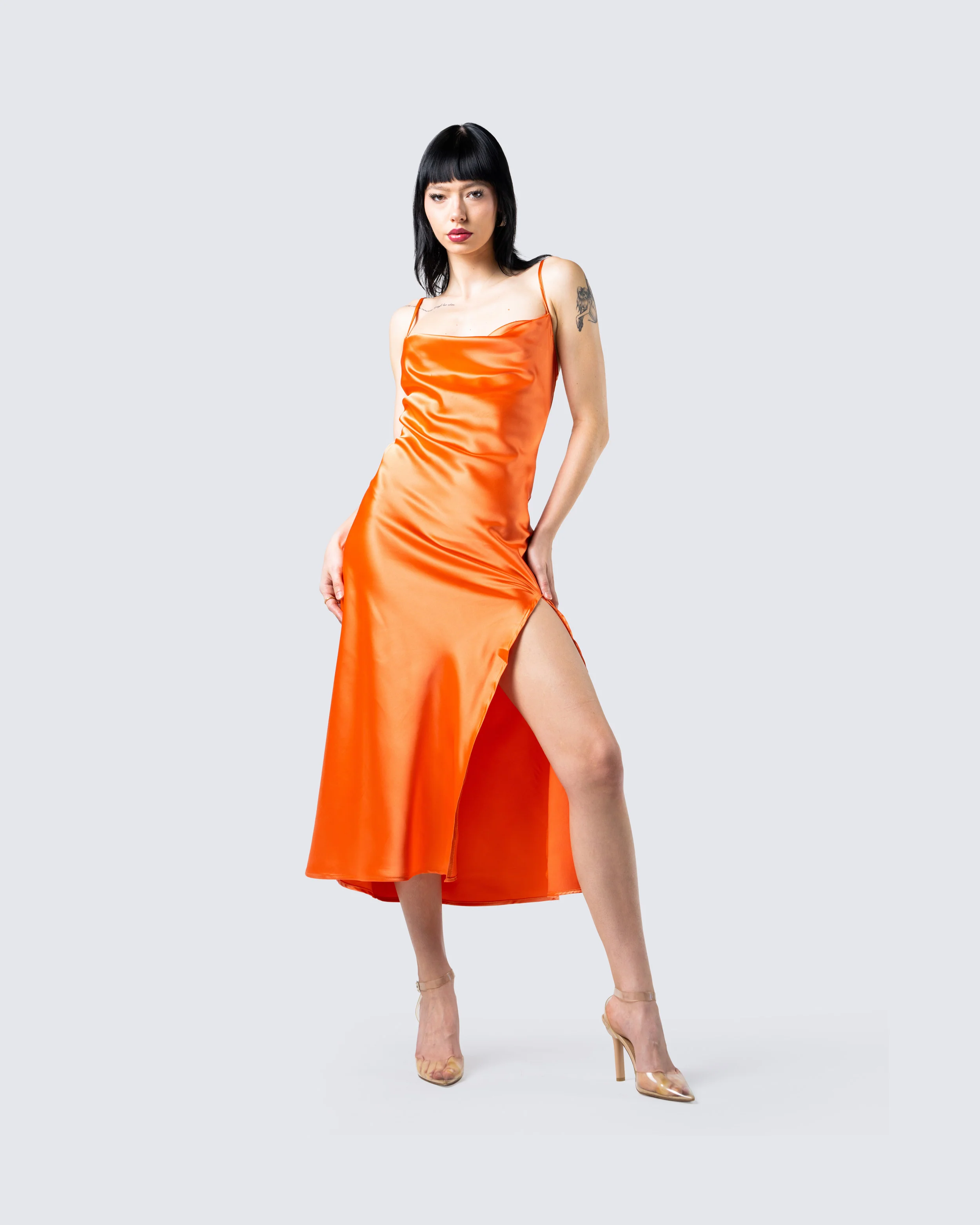 Alina Orange Satin Midi Dress - Image 8