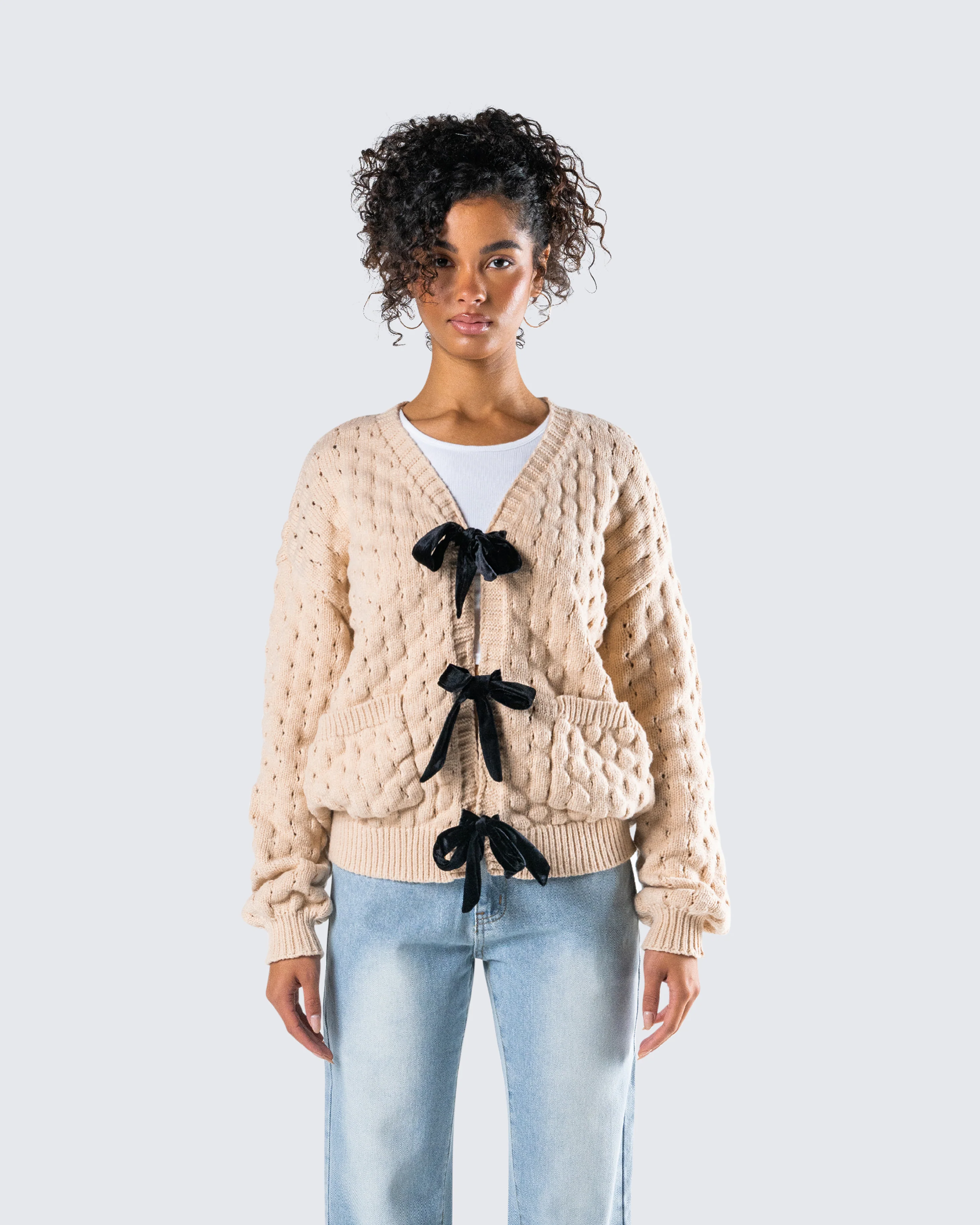 Andra Beige Bubble Knit Cardigan - Image 4