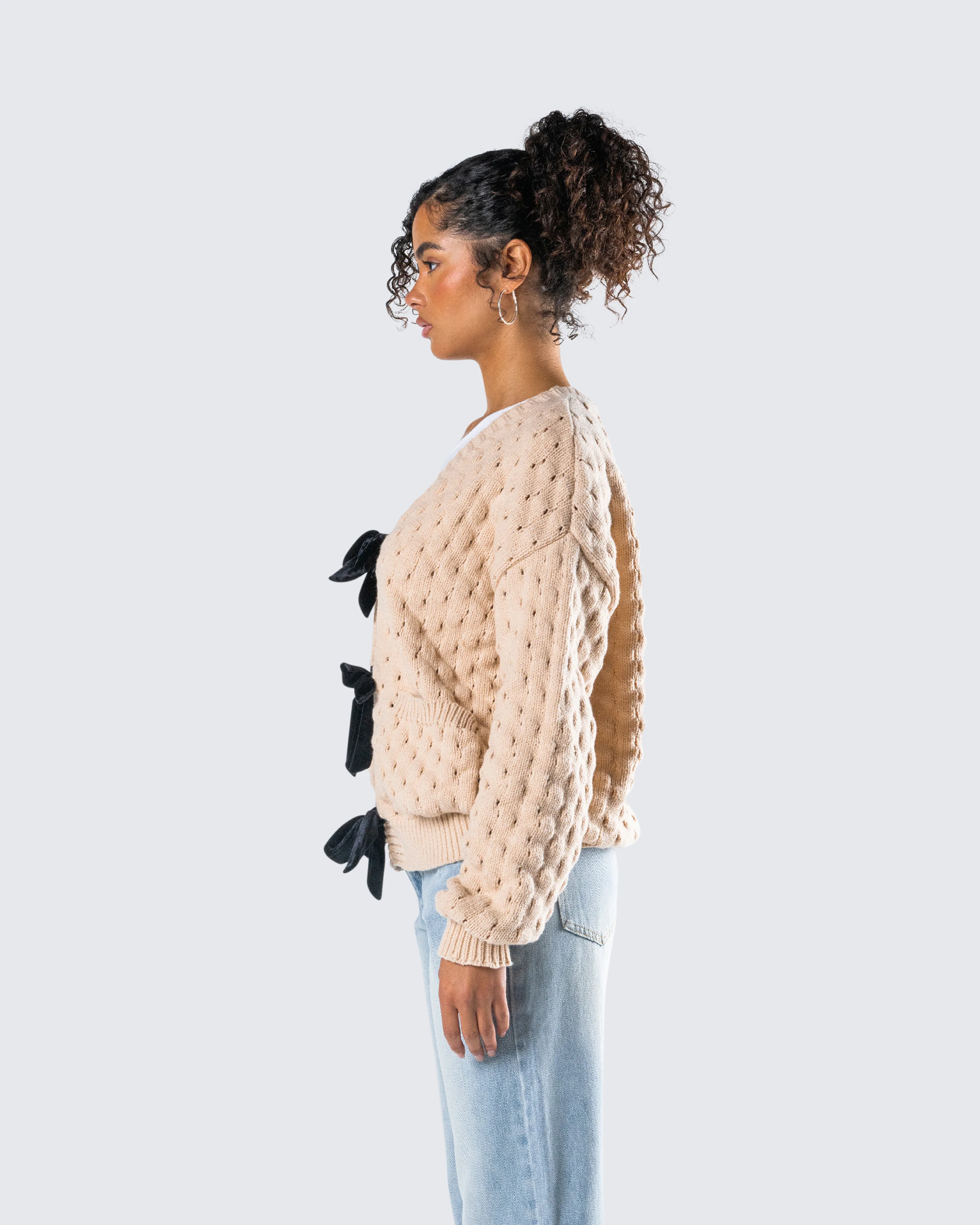 Andra Beige Bubble Knit Cardigan - Image 6