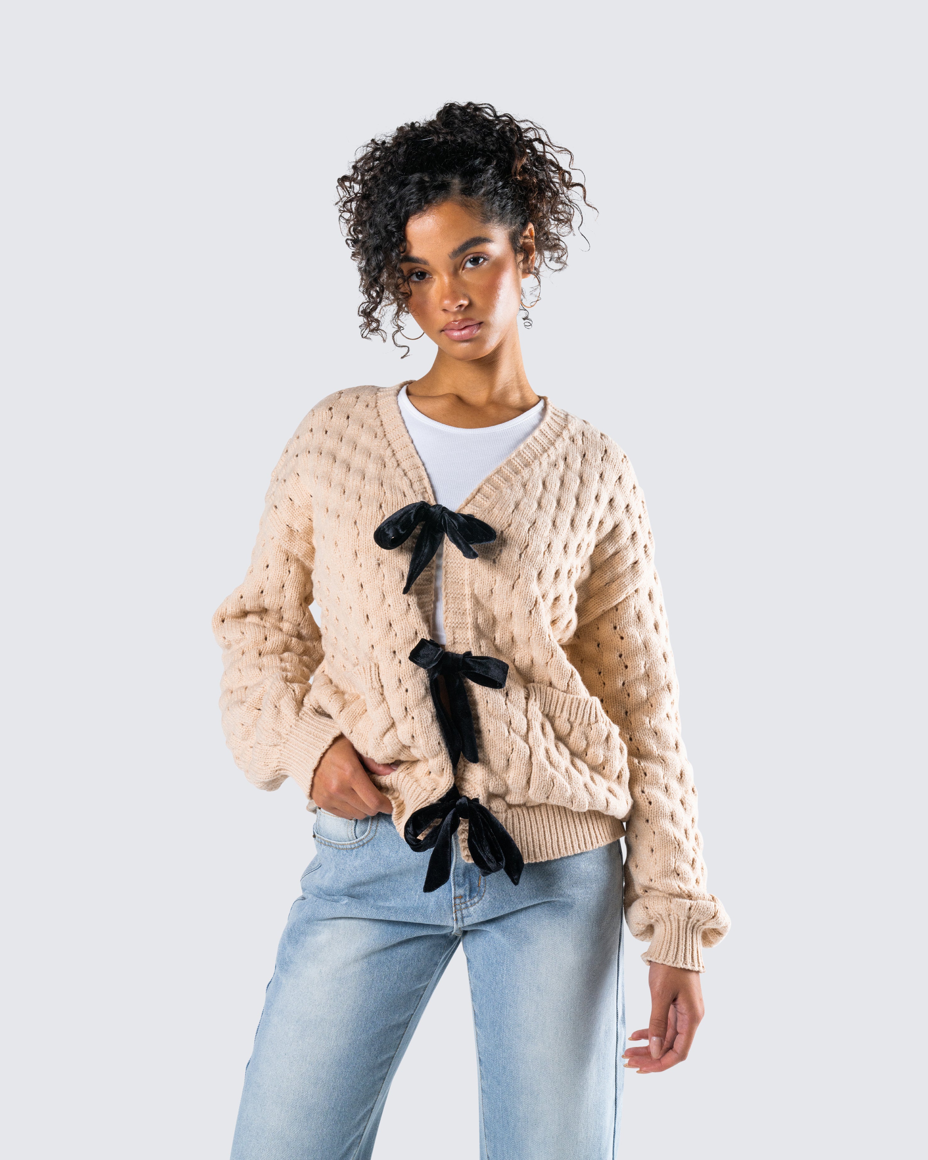 Andra Beige Bubble Knit Cardigan - Image 8