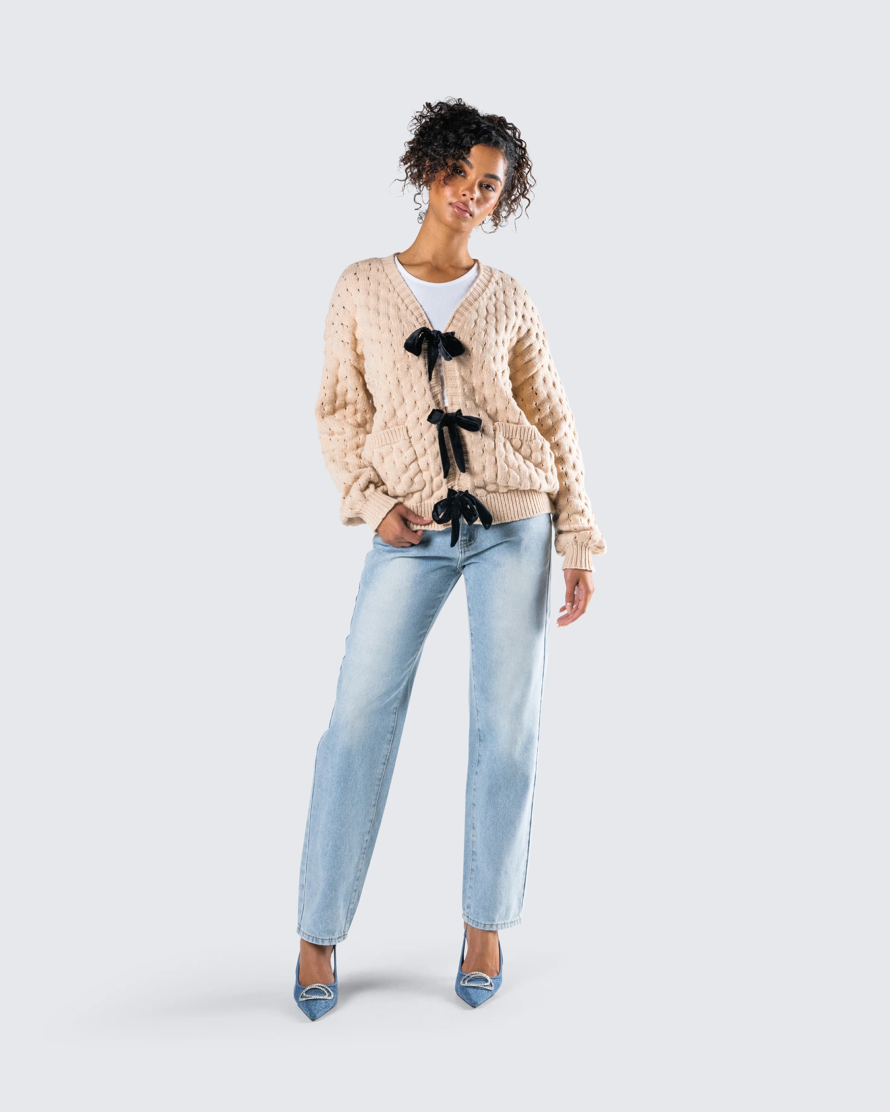 Andra Beige Bubble Knit Cardigan - Image 9