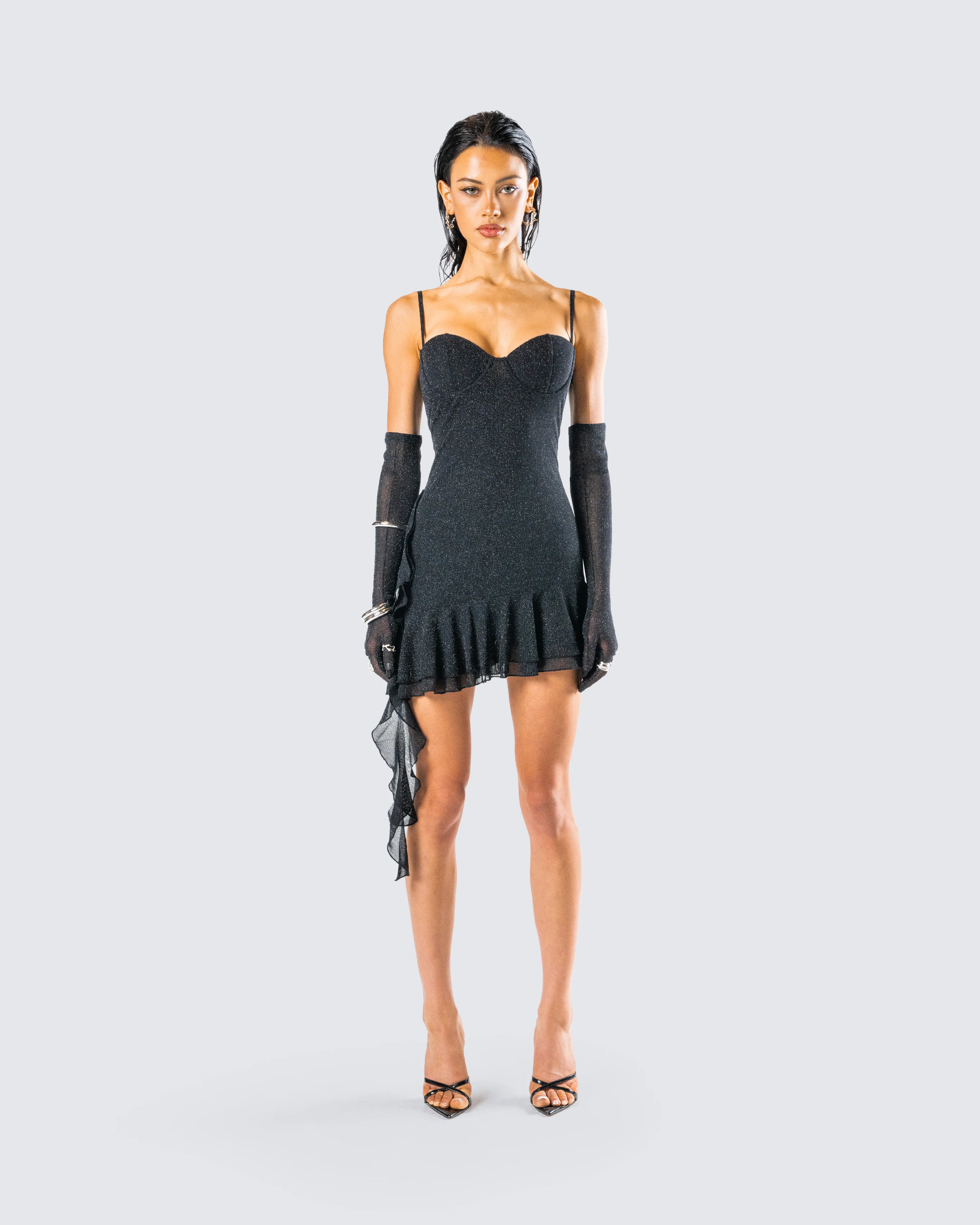Anyssa Black Shimmer Mini Dress And Gloves - Image 4