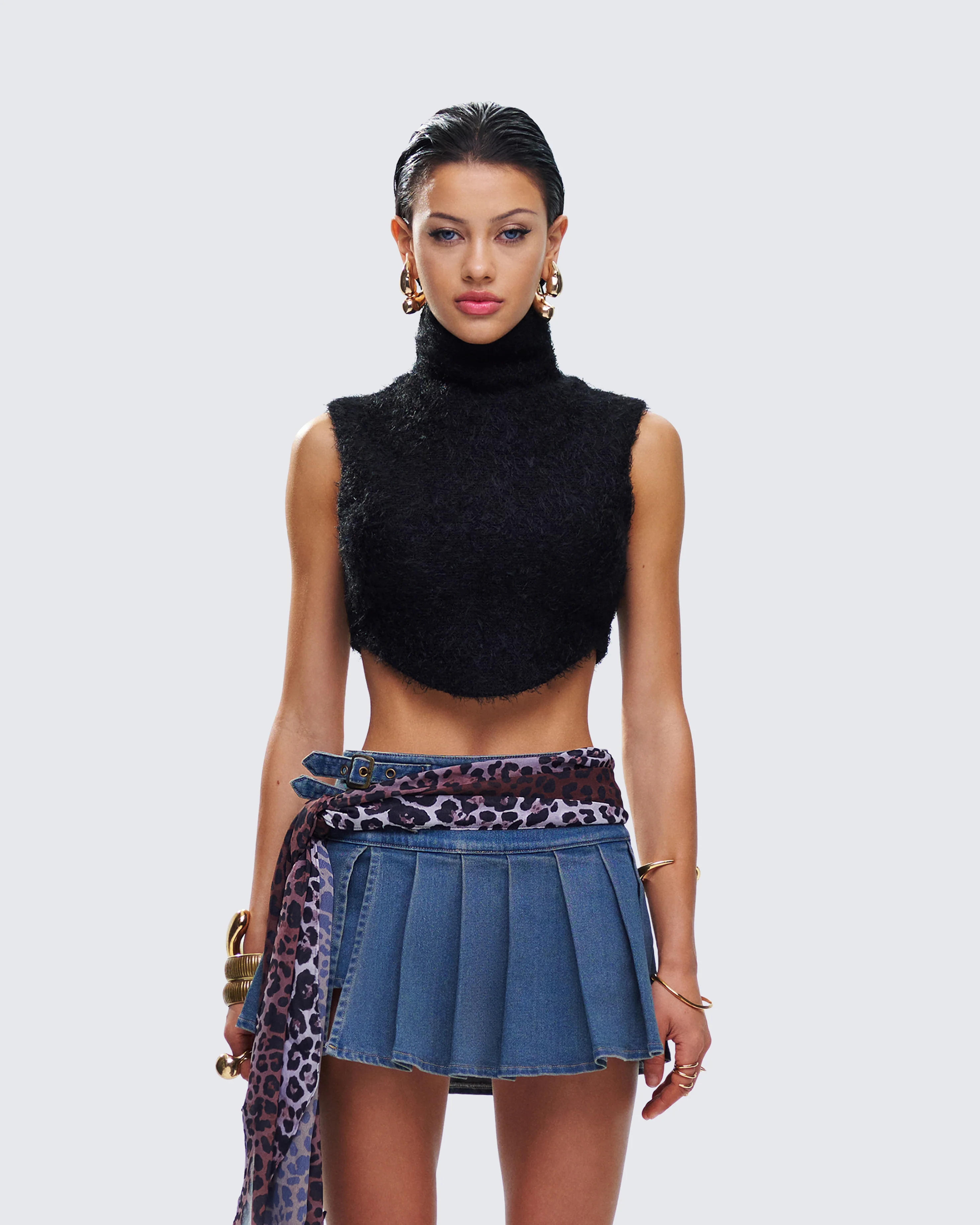 Ara Black Fuzzy Turtleneck Crop Top - Image 2