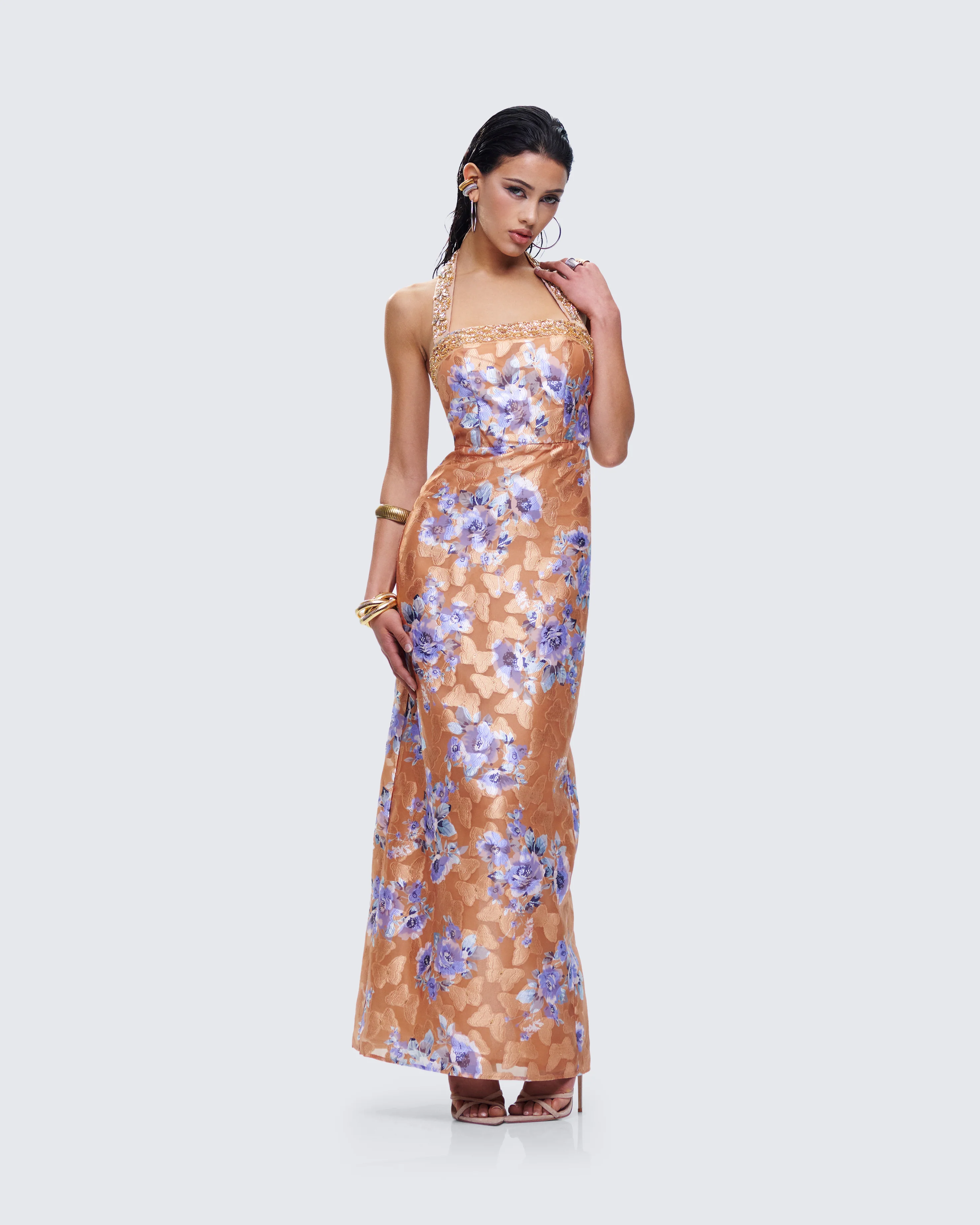 Ari Orange Floral Burnout Maxi Dress - Image 5