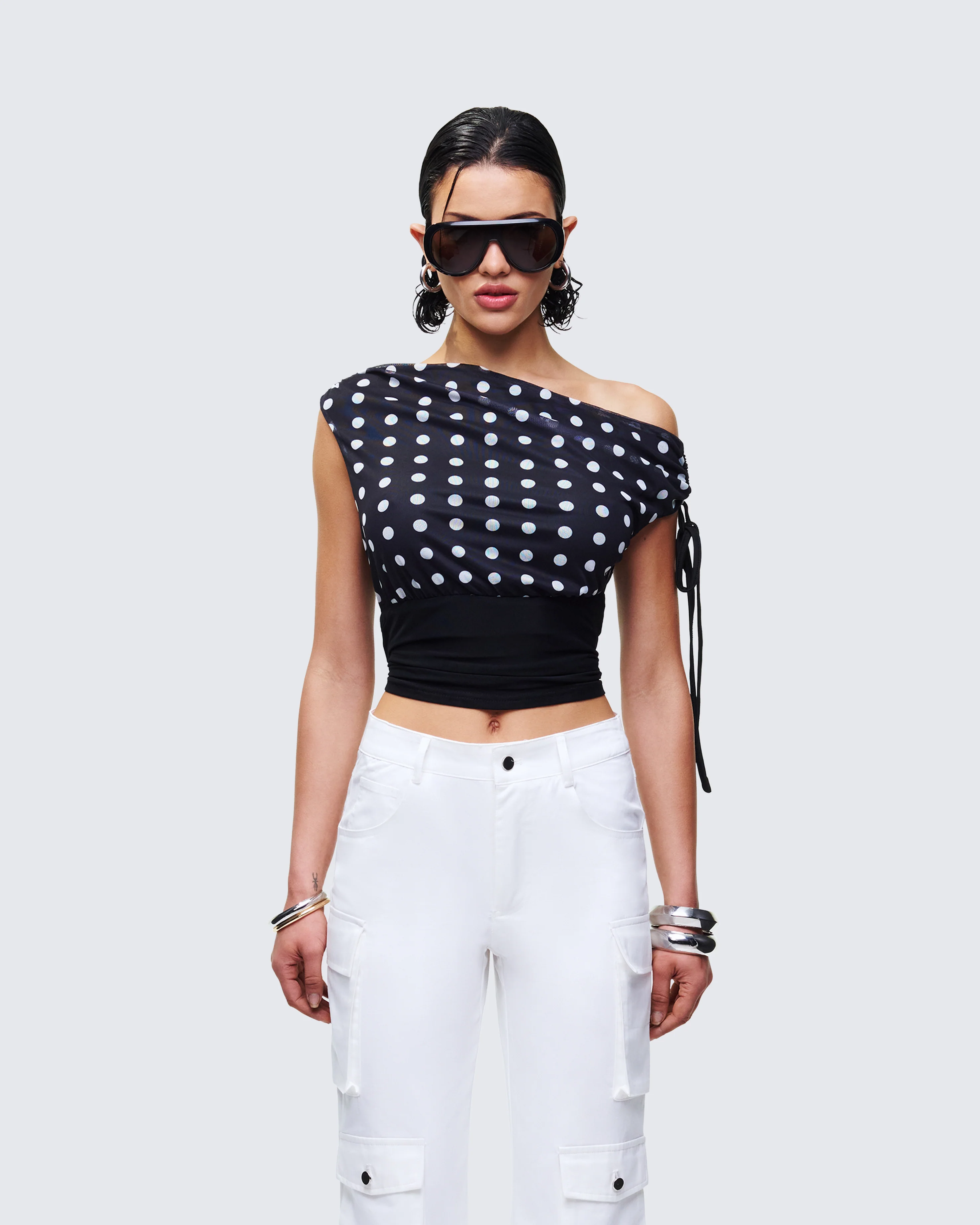 Ariana Black Polka Mesh Off Shoulder Top - Image 2