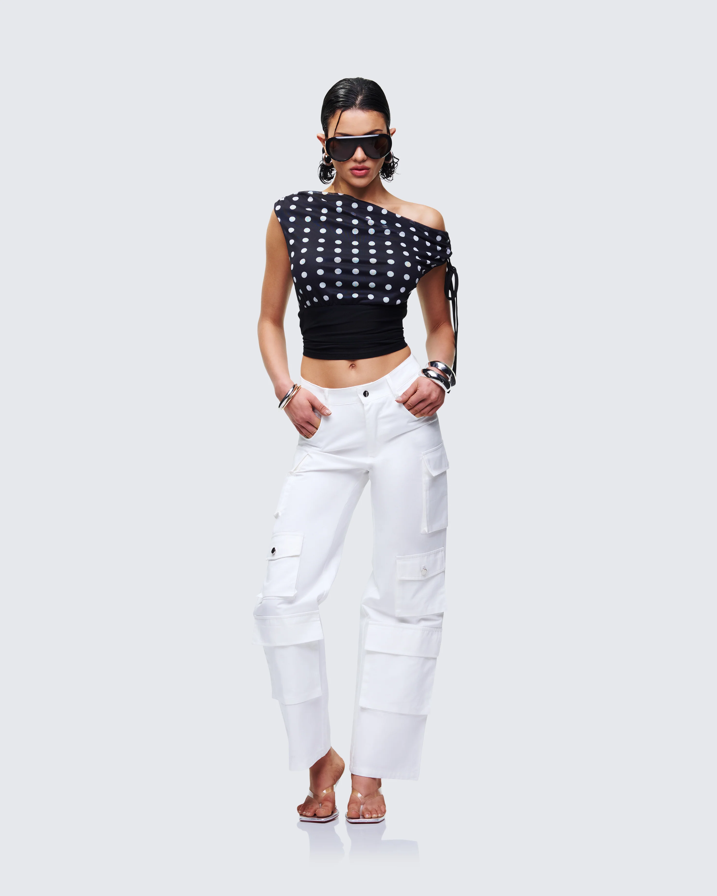 Ariana Black Polka Mesh Off Shoulder Top - Image 5