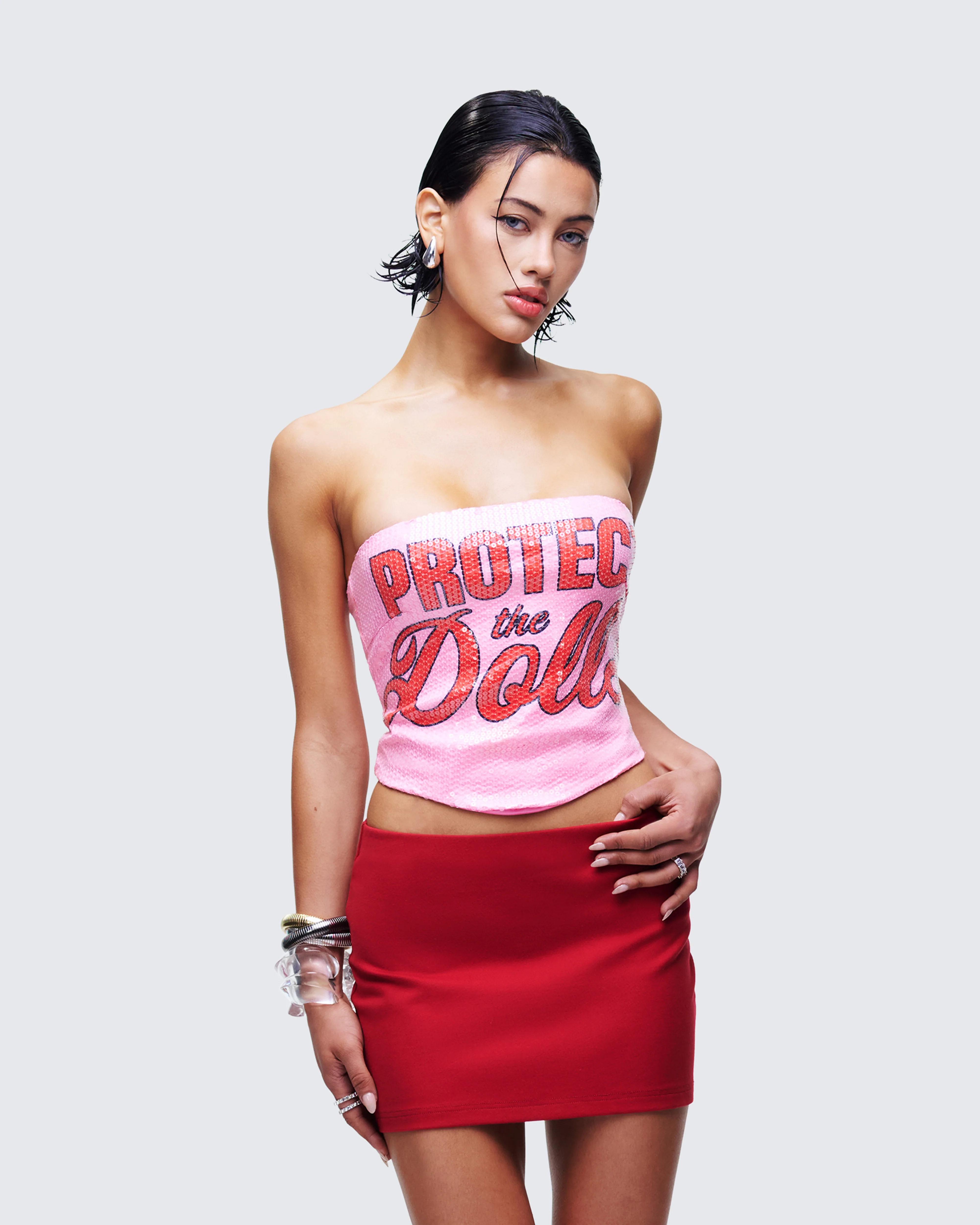 Astraia Pink Slogan Sequin Bandeau Top - Image 3