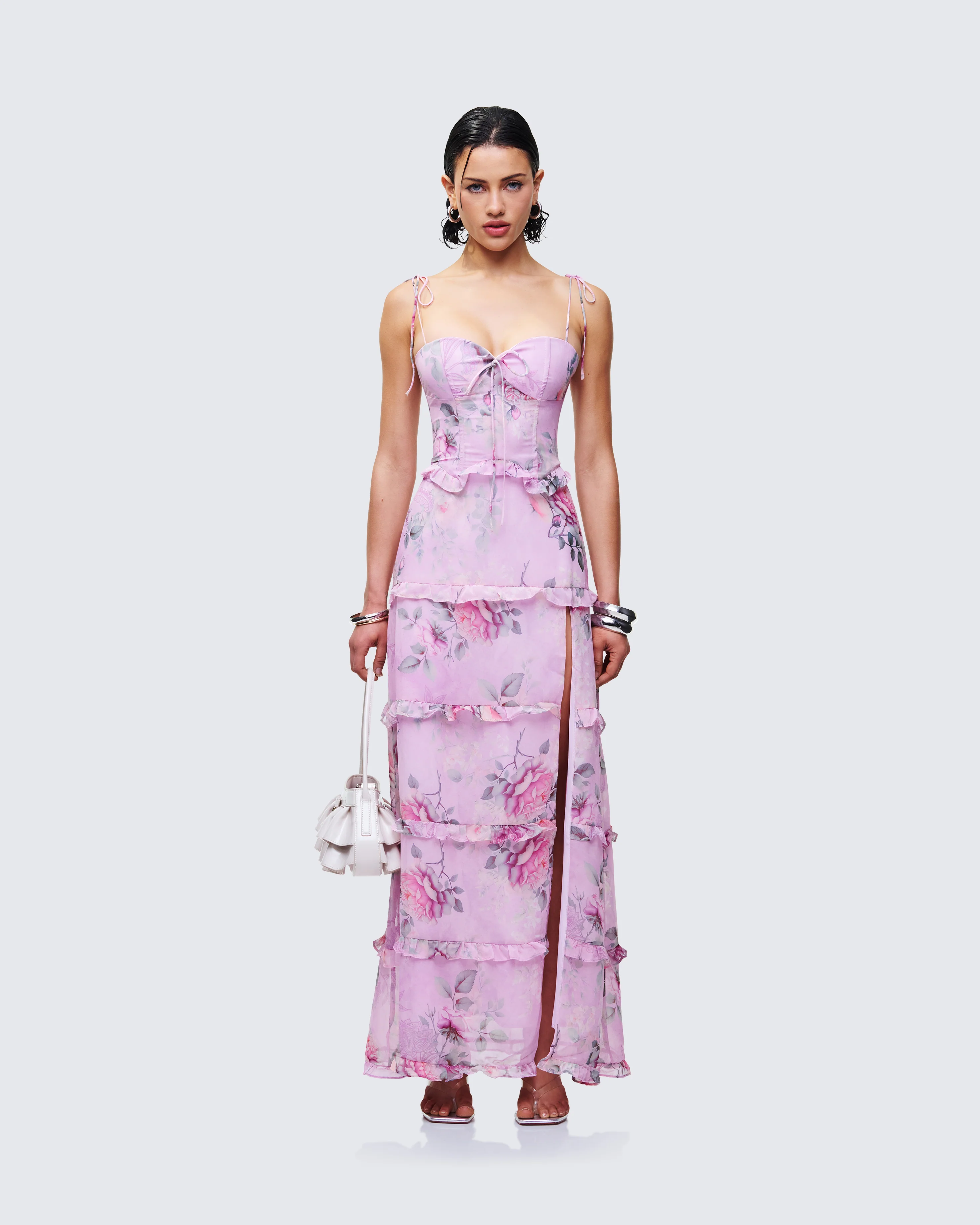 Aven Multi Printed Satin Ruffle Maxi Dress - Image 2