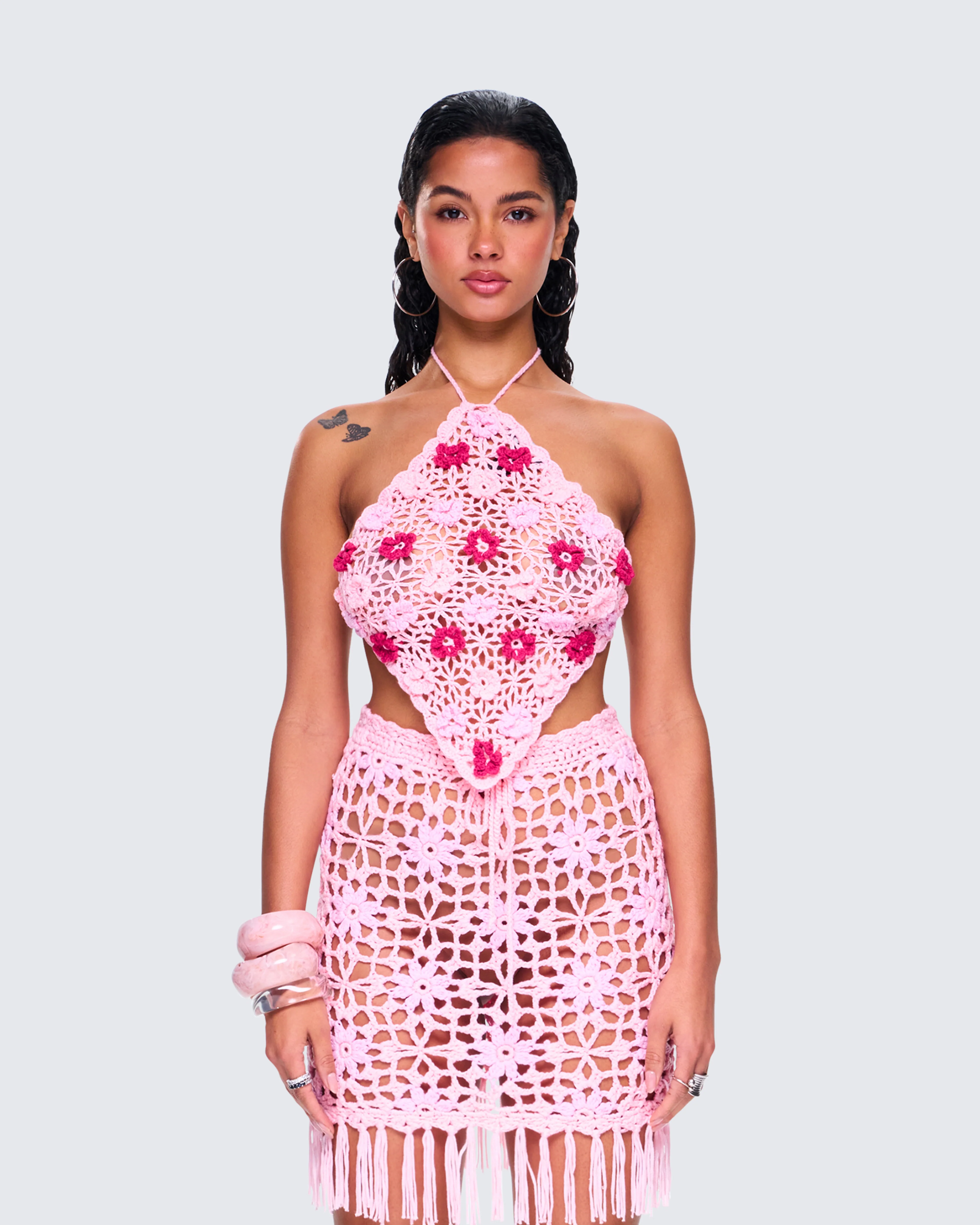 Aya Pink Floral Crochet Halter Top - Image 4