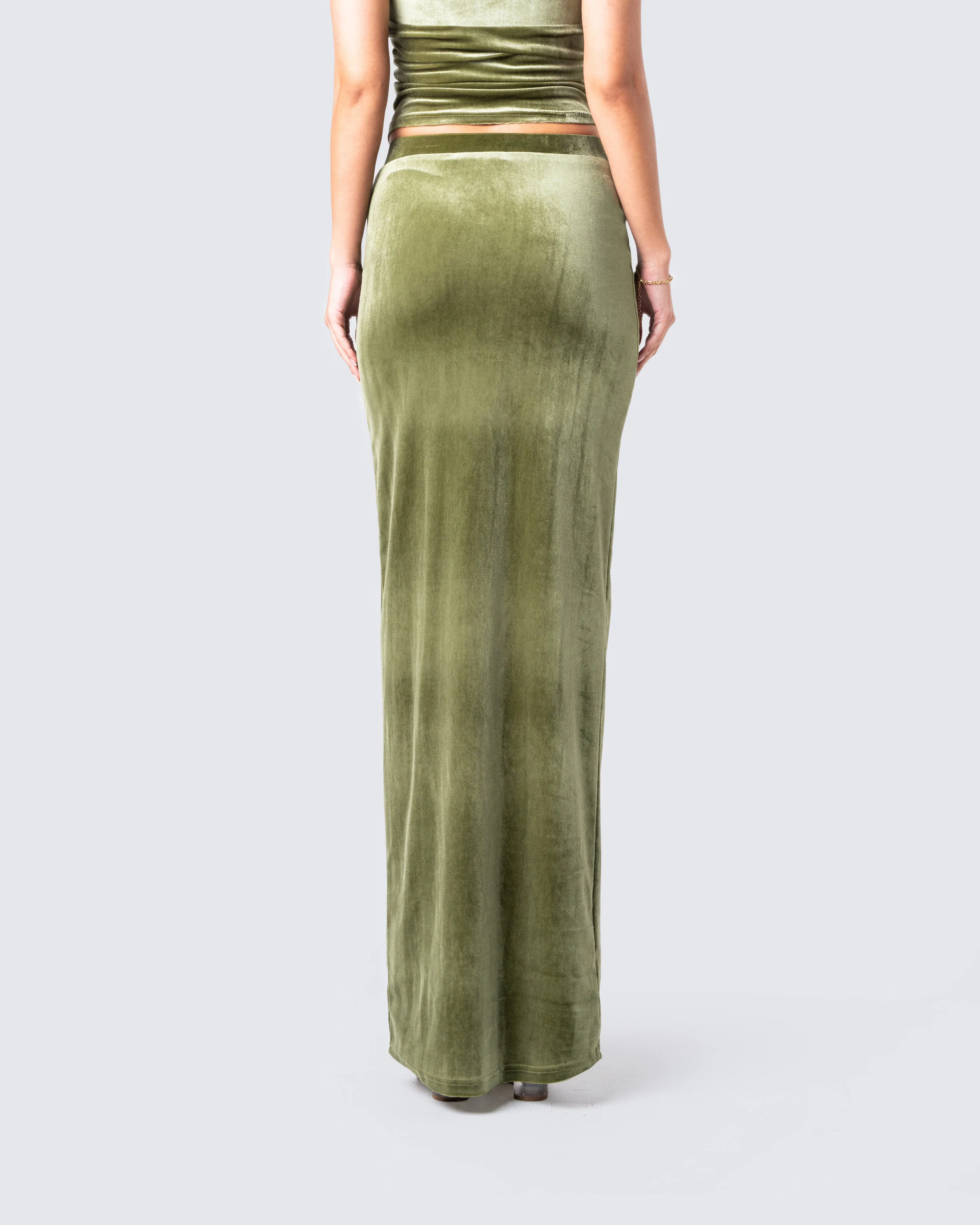 Ayla Olive Green Velvet Maxi Skirt - Image 6