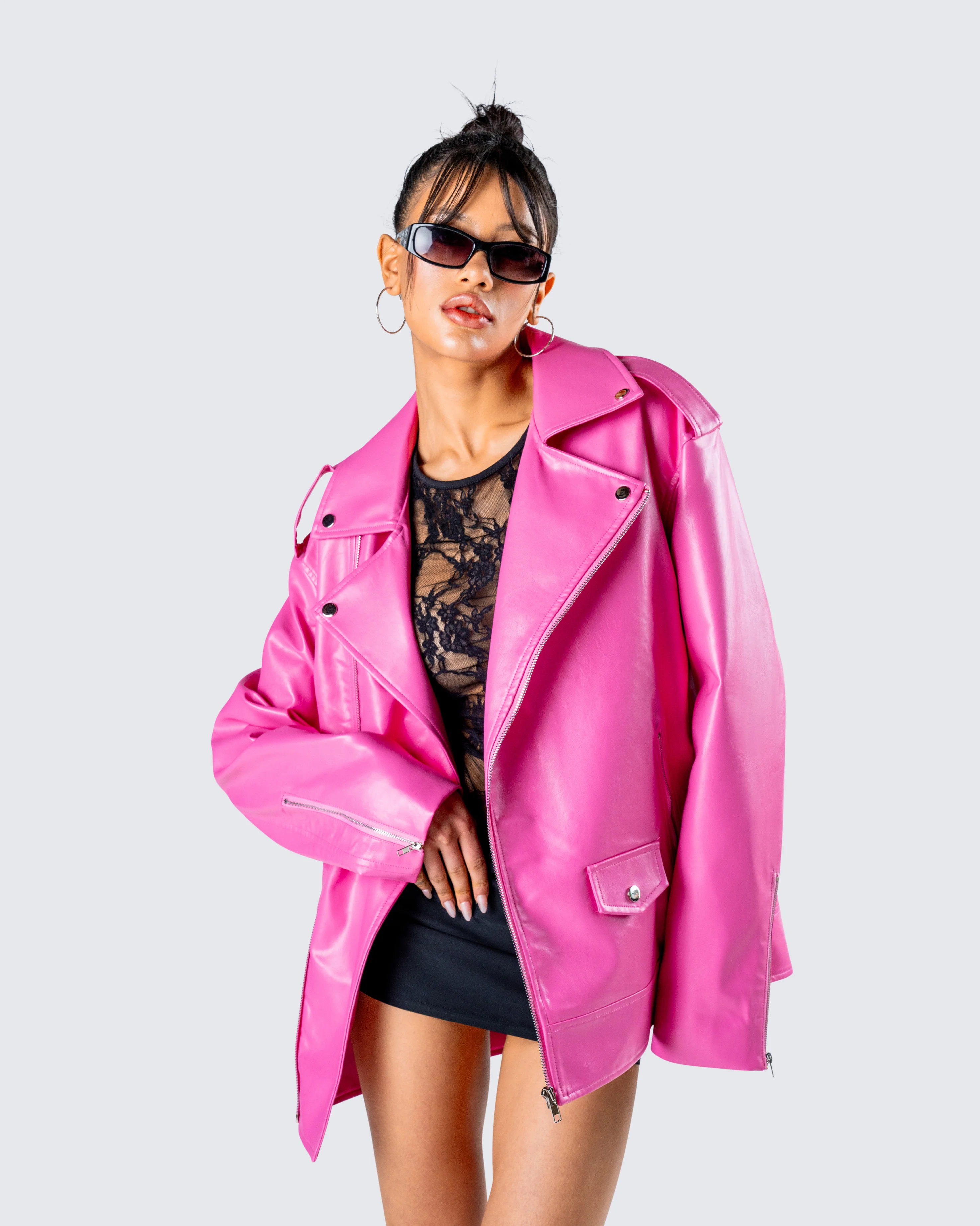 Ayse Pink Faux Leather Jacket - Image 8