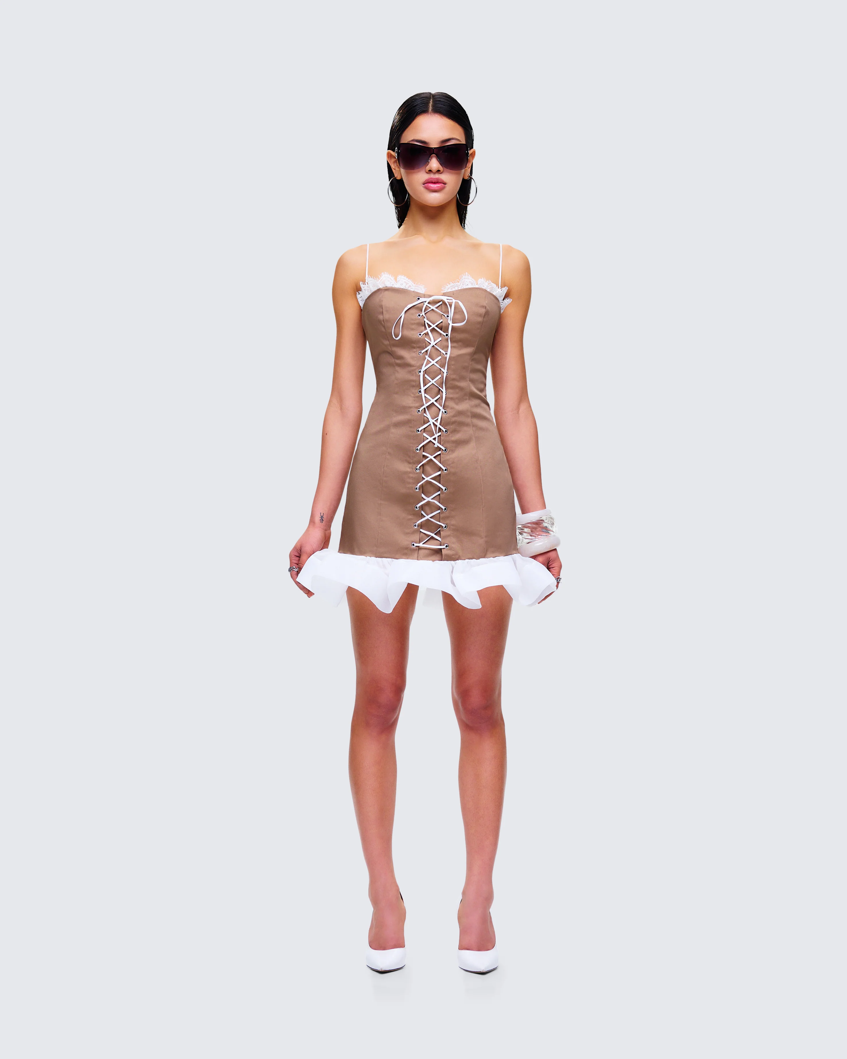 Aza Taupe Lace Up Mini Dress - Image 4
