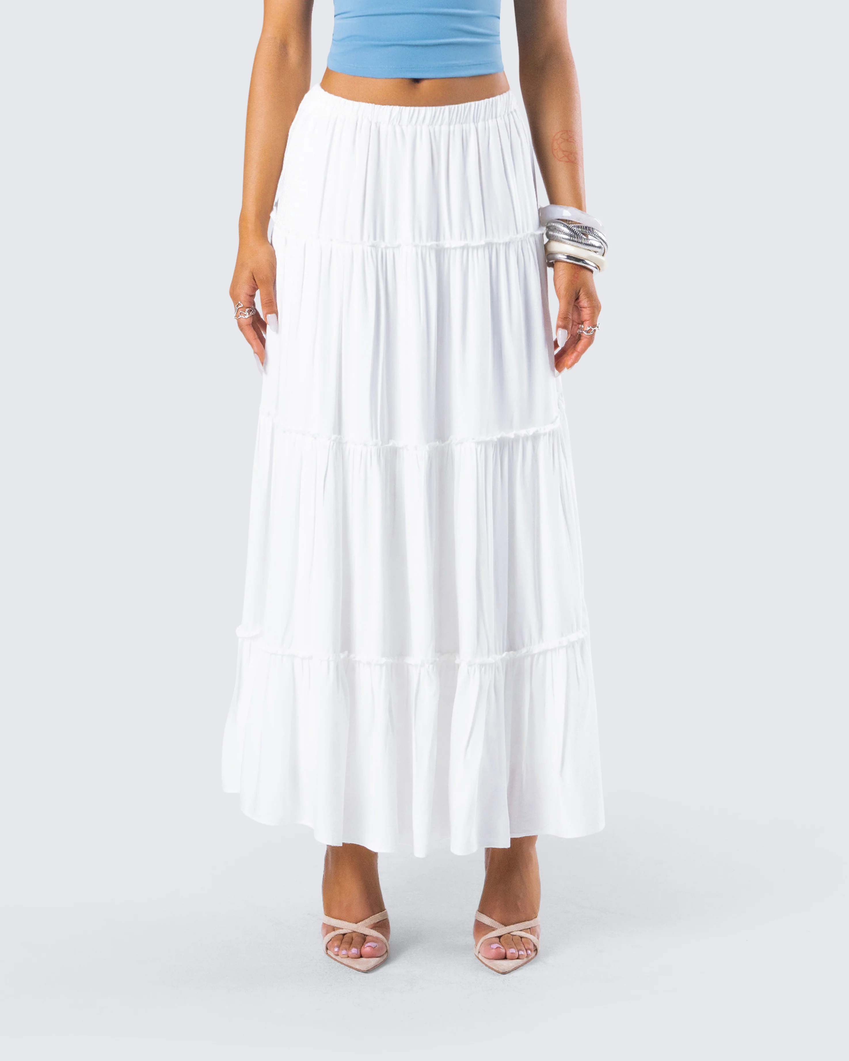 Bailee White Tiered Midi Skirt - Image 4