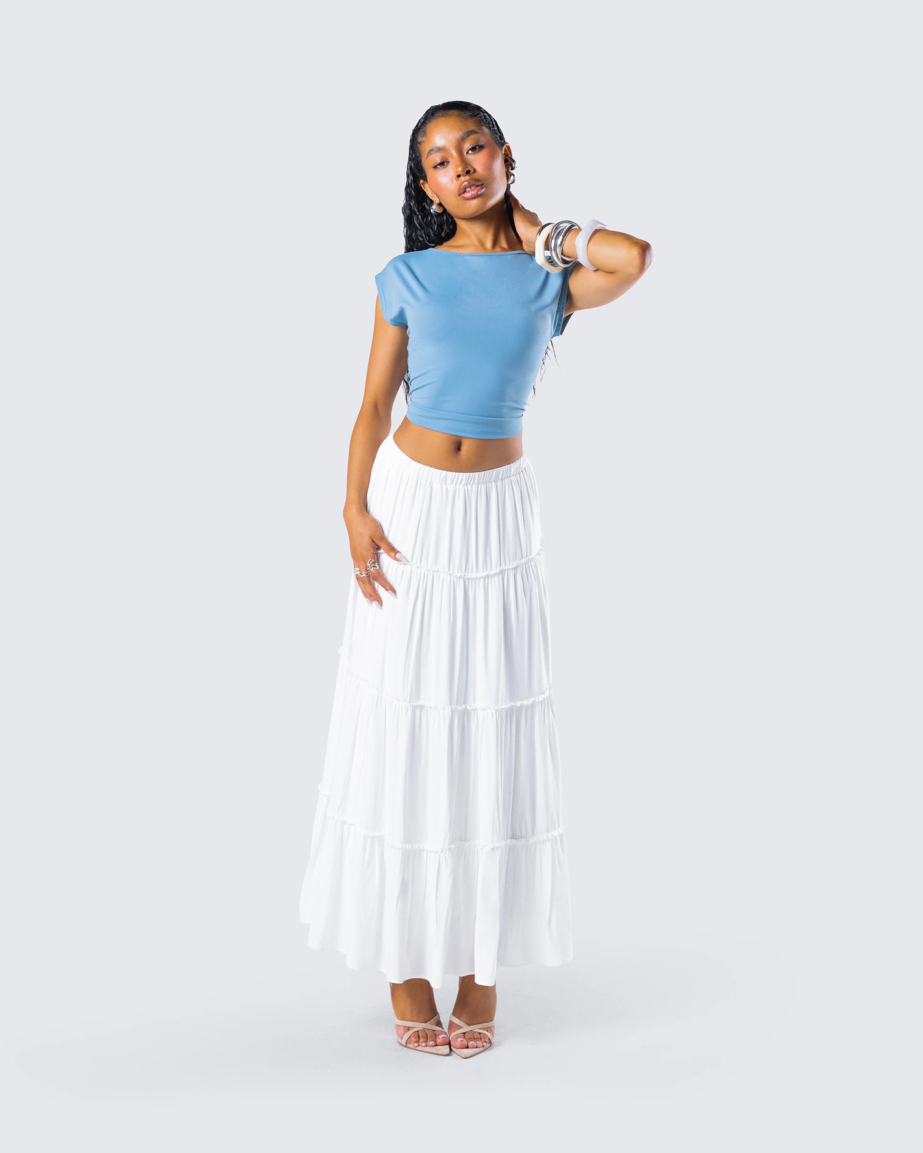 Bailee White Tiered Midi Skirt - Image 9