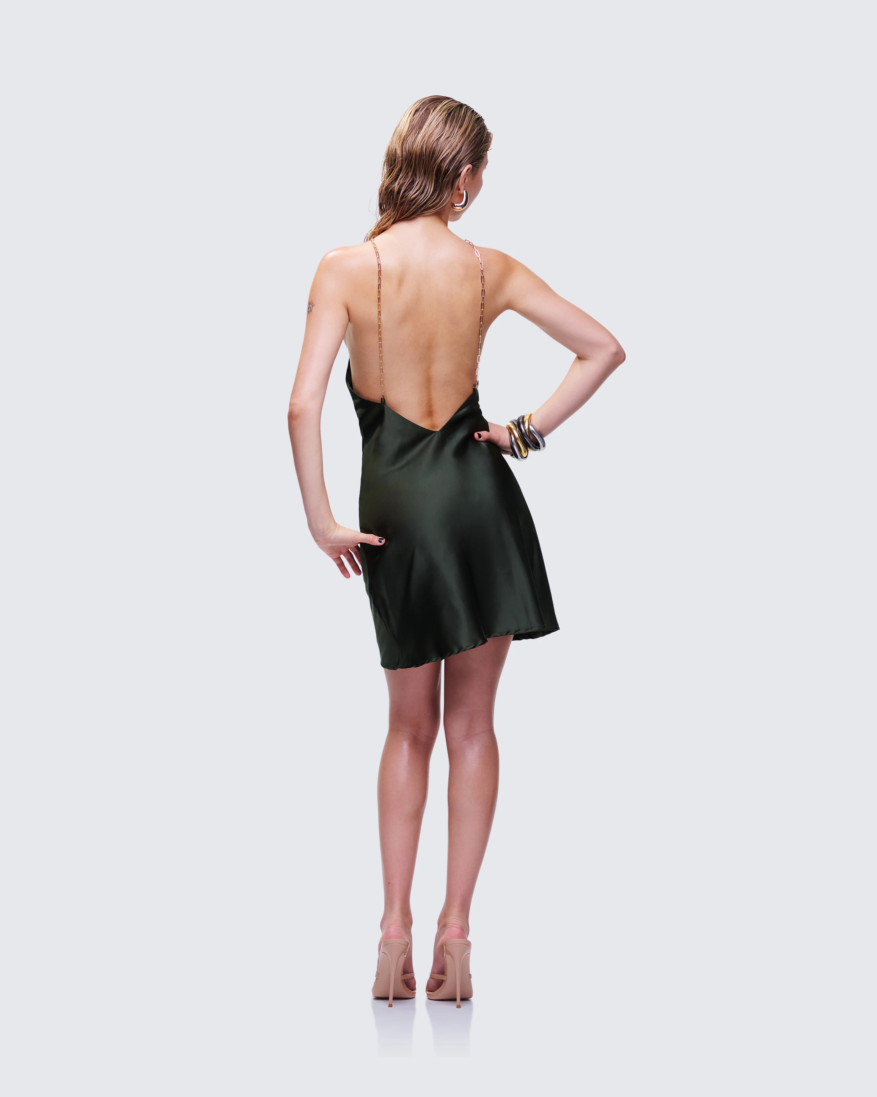 Bindi Olive Green Satin Mini Dress - Image 7