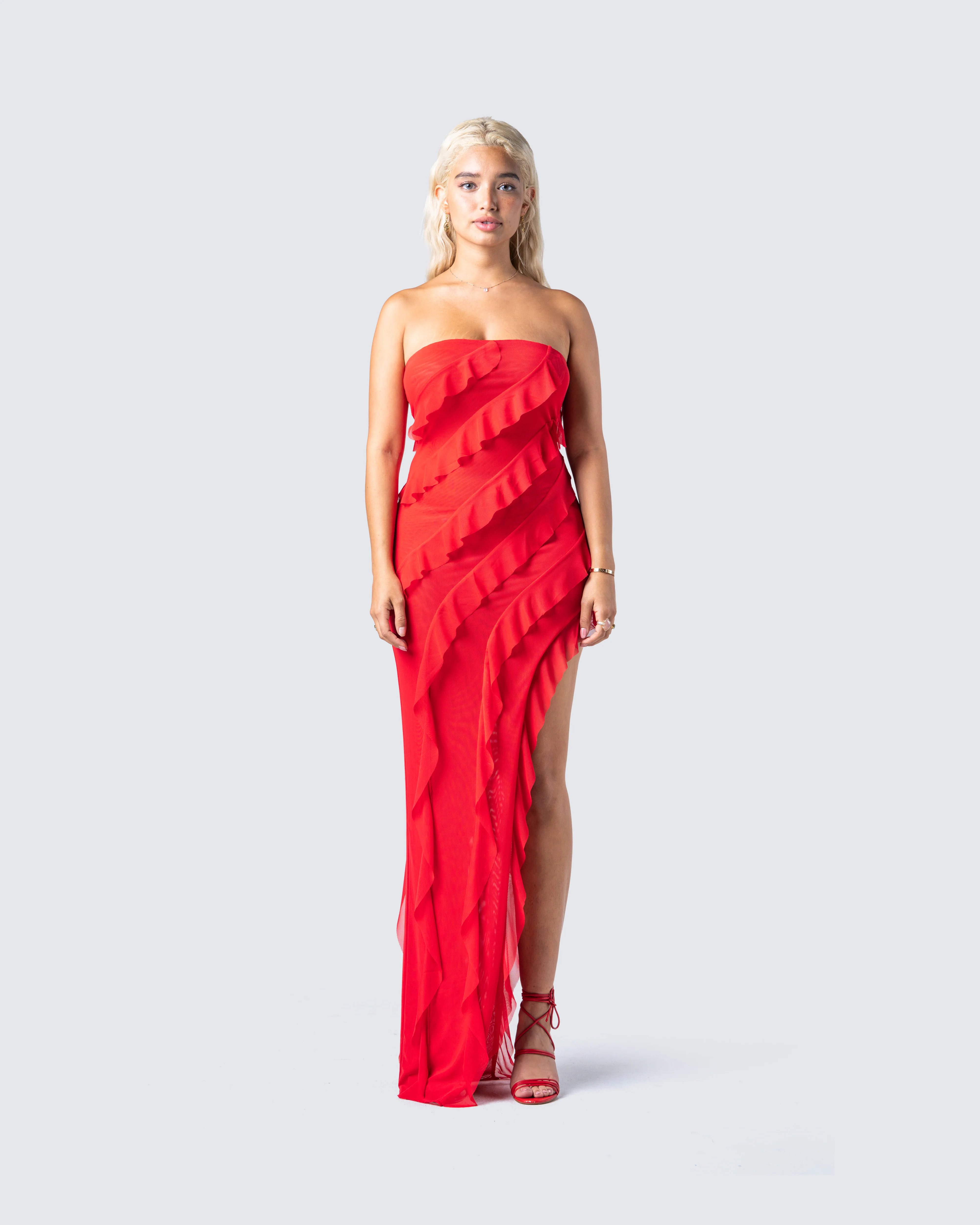 Blanche Red Mesh Ruffle Maxi Dress - Image 4
