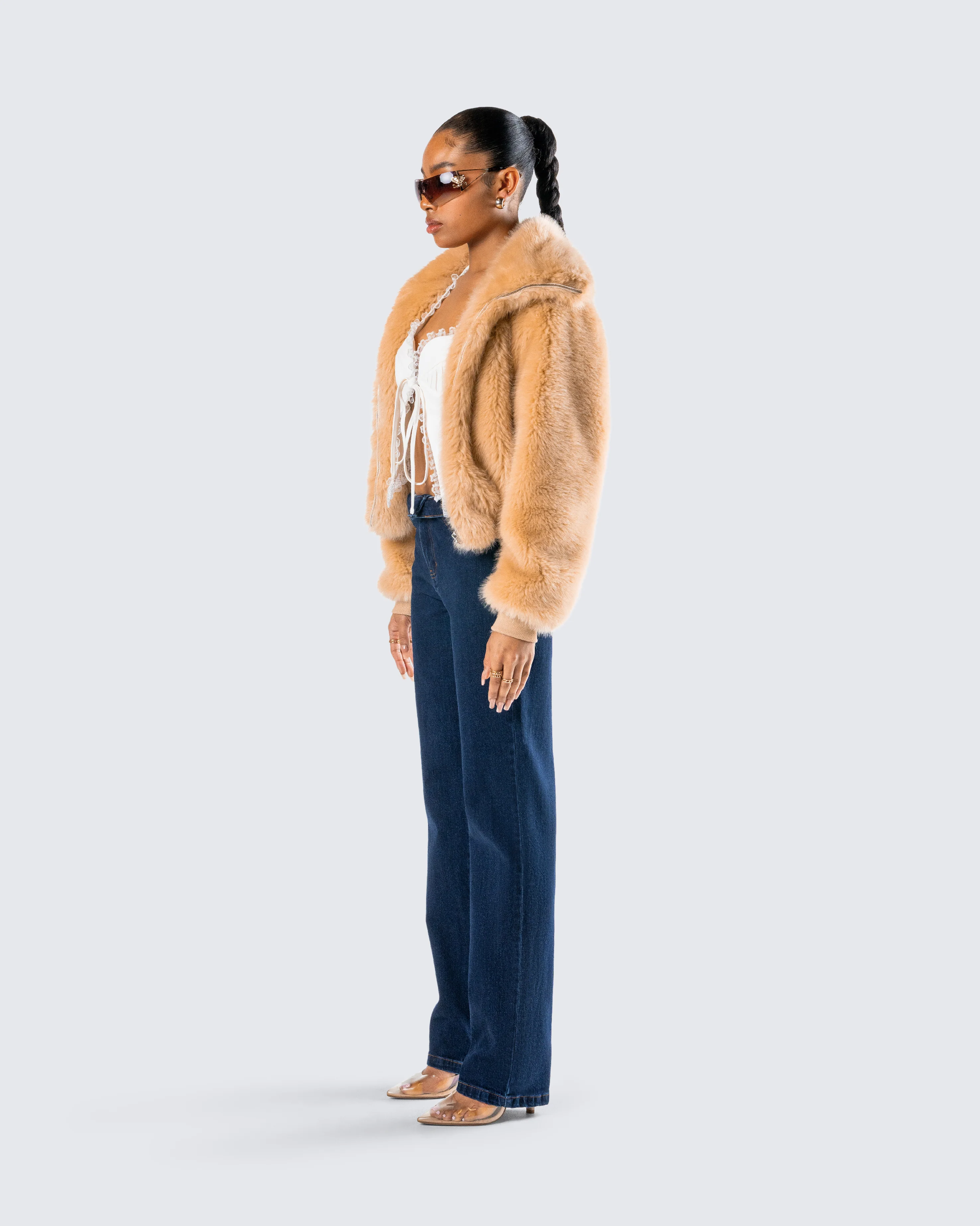 Briar Tan Faux Fur Bomber Jacket - Image 5