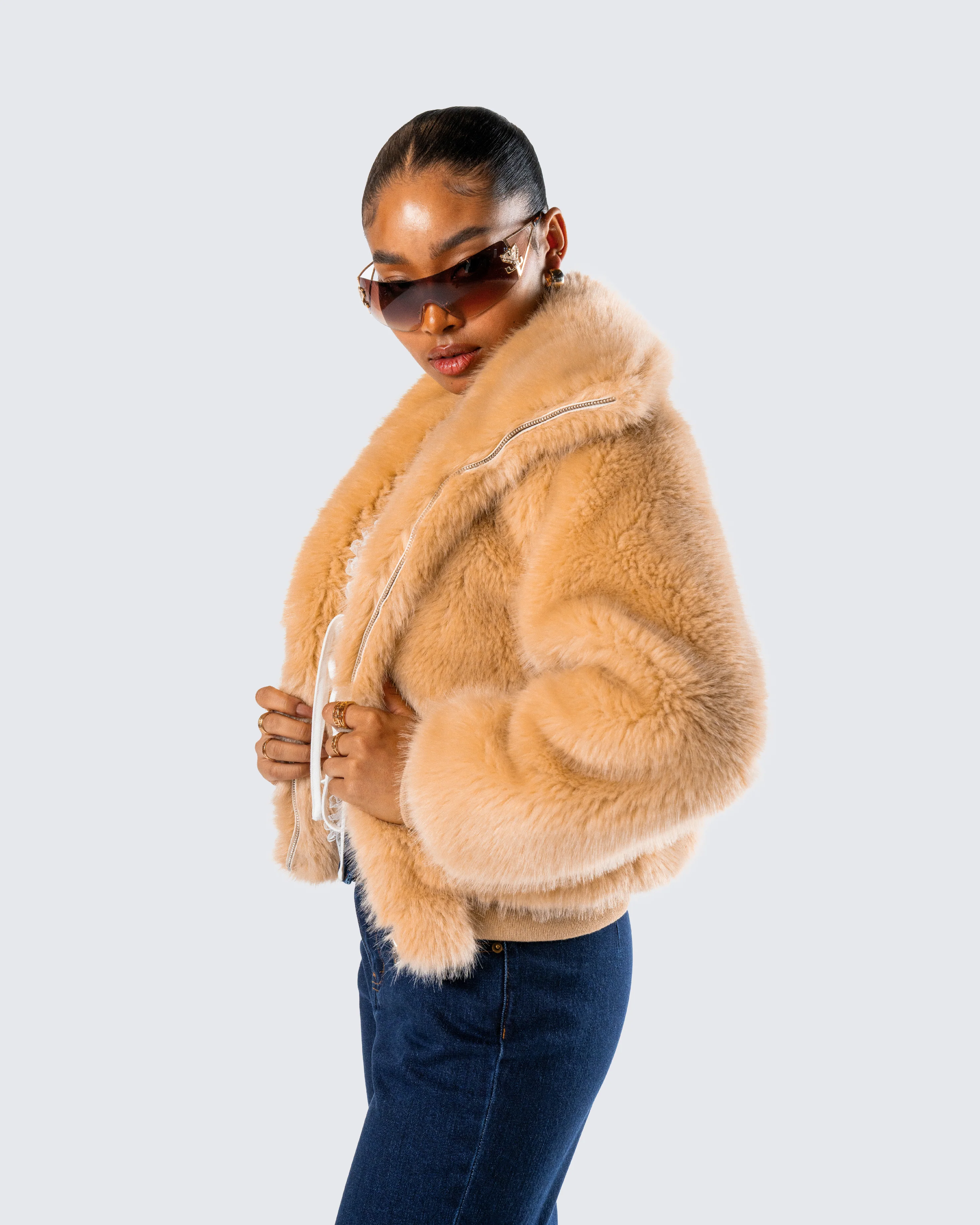 Briar Tan Faux Fur Bomber Jacket - Image 9