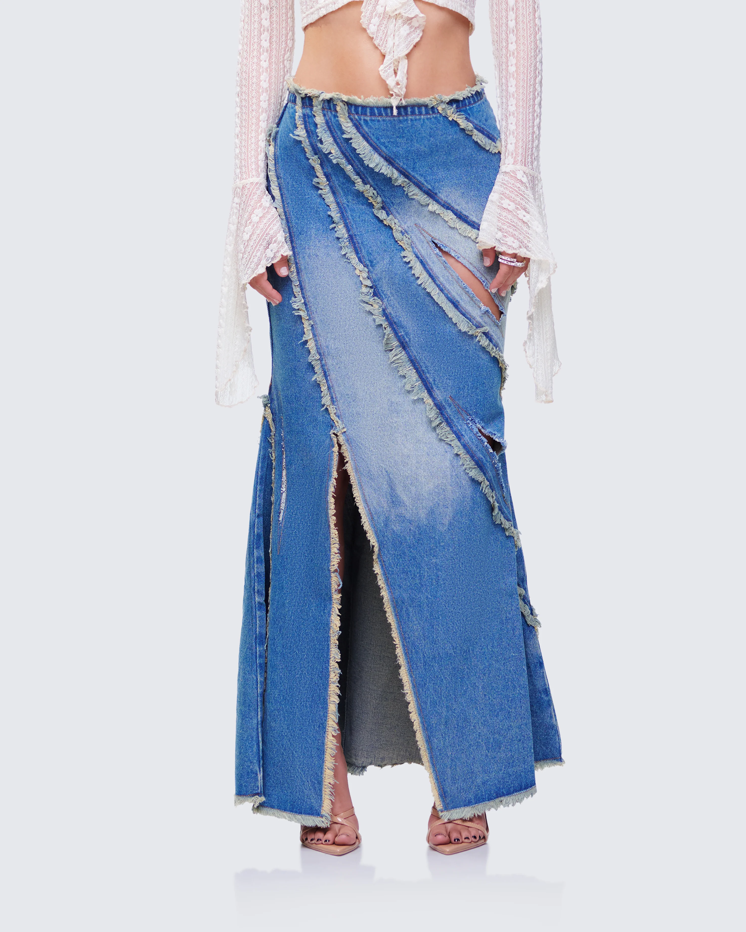 Briony Blue Denim Frayed Maxi Skirt - Image 2