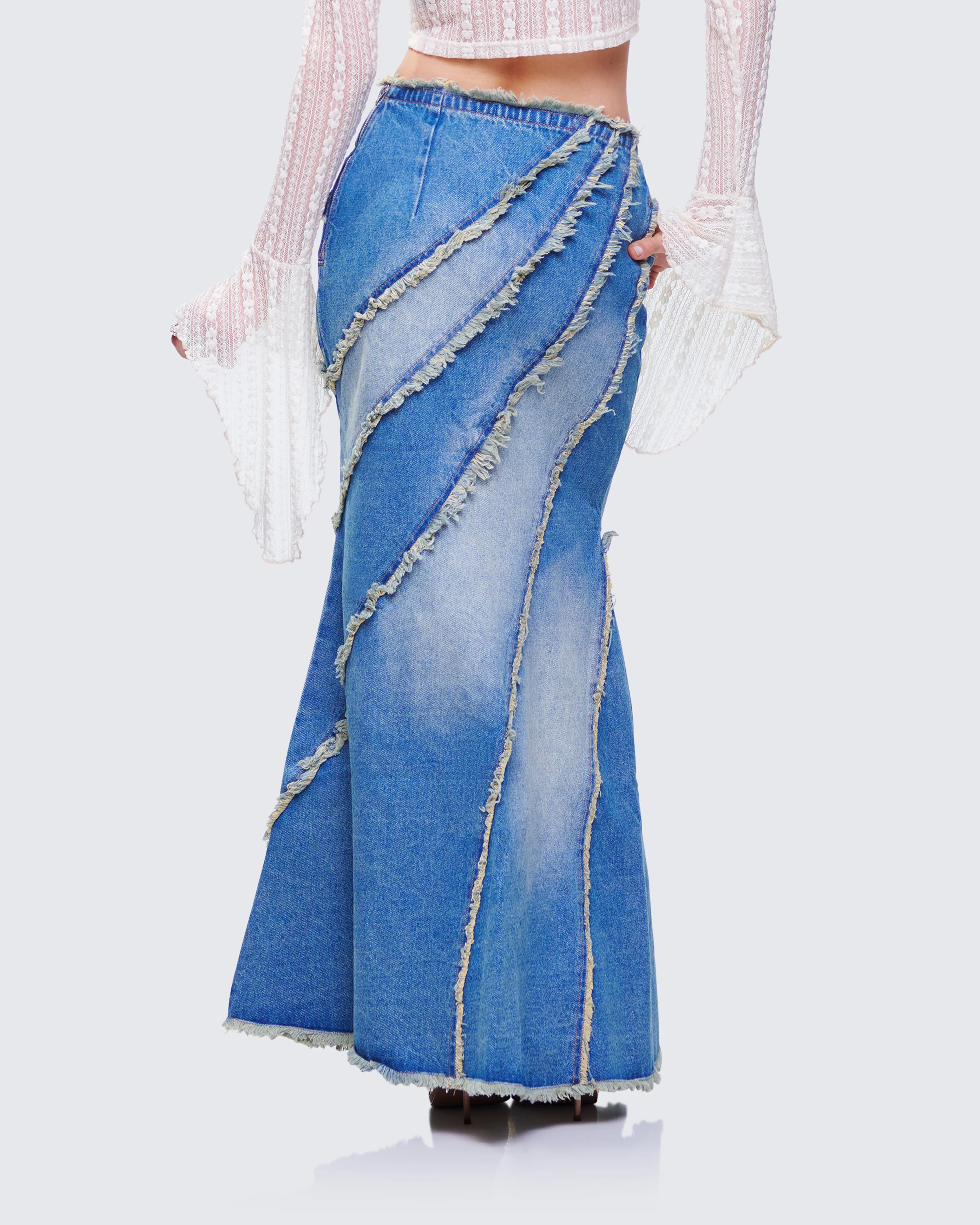 Briony Blue Denim Frayed Maxi Skirt - Image 4