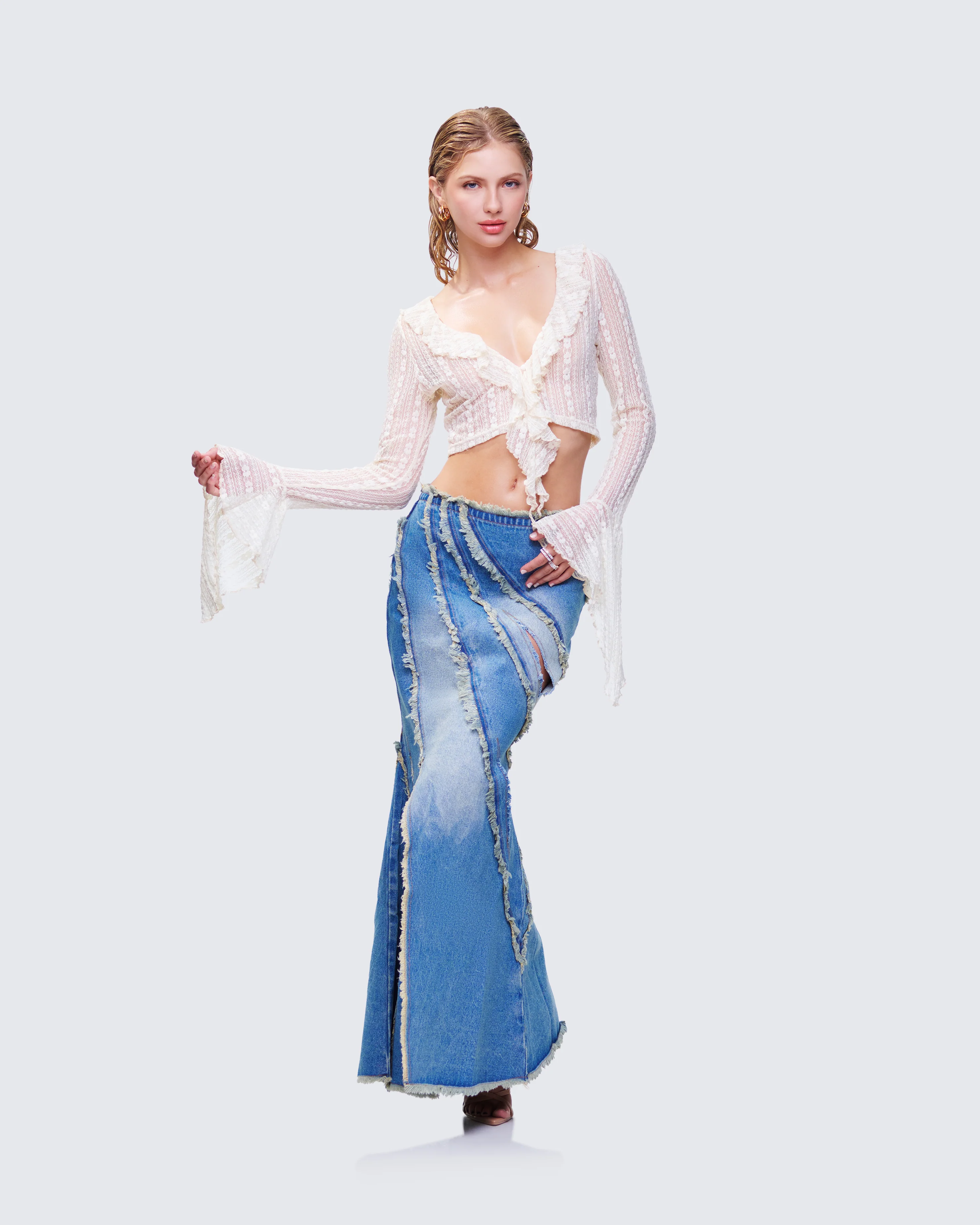 Briony Blue Denim Frayed Maxi Skirt - Image 5