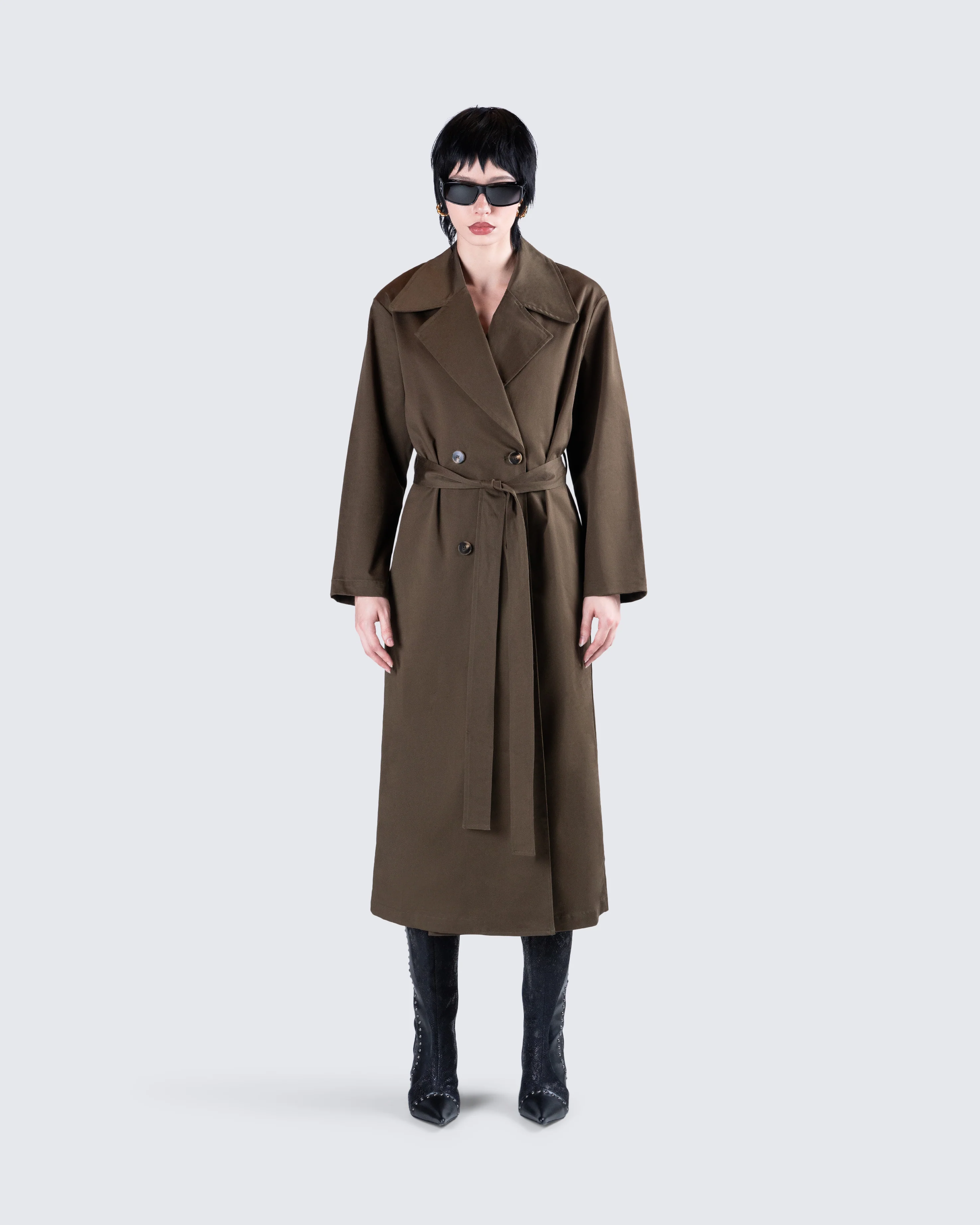 Bryn Dark Olive Belted Trench Coat - Image 4