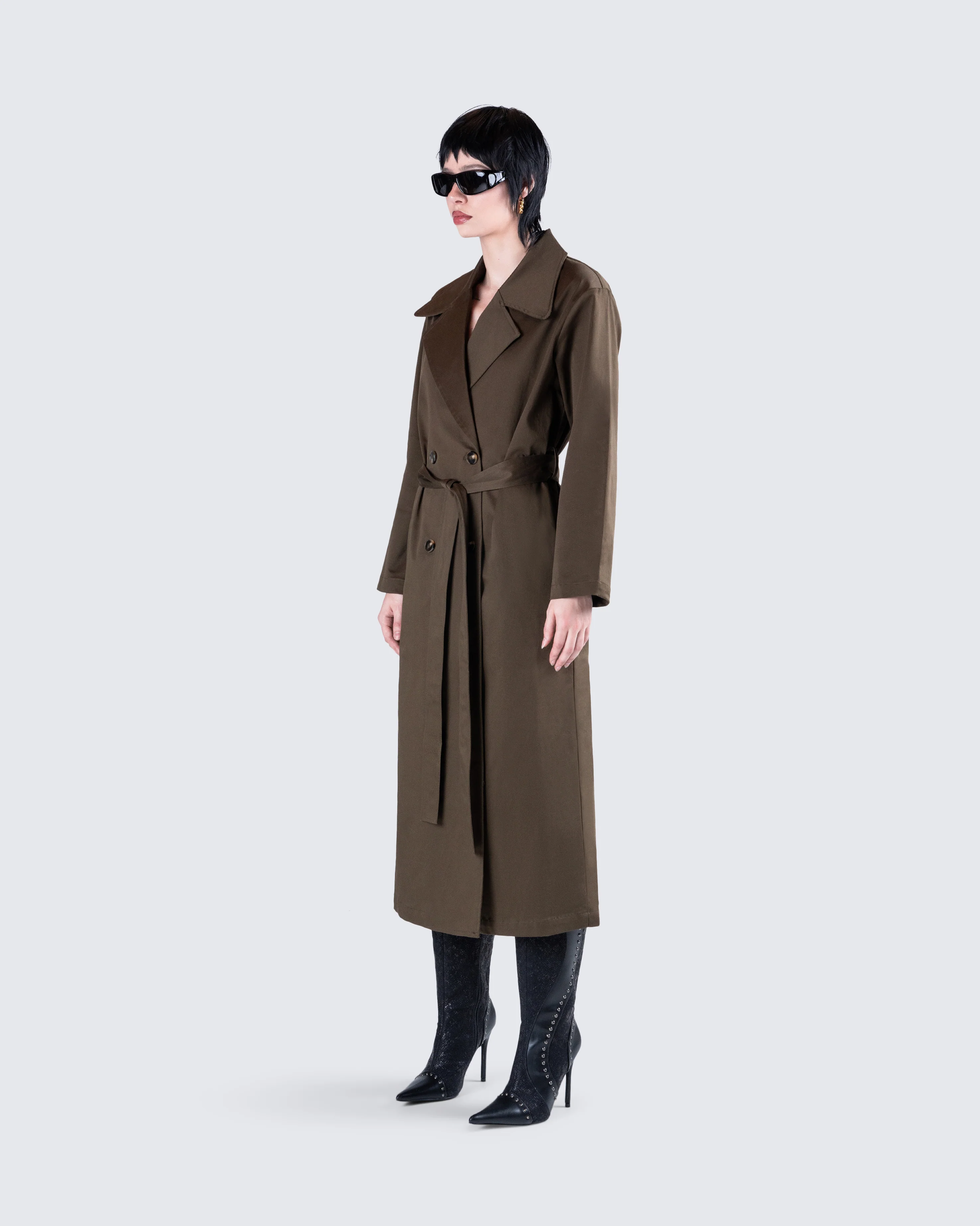 Bryn Dark Olive Belted Trench Coat - Image 5