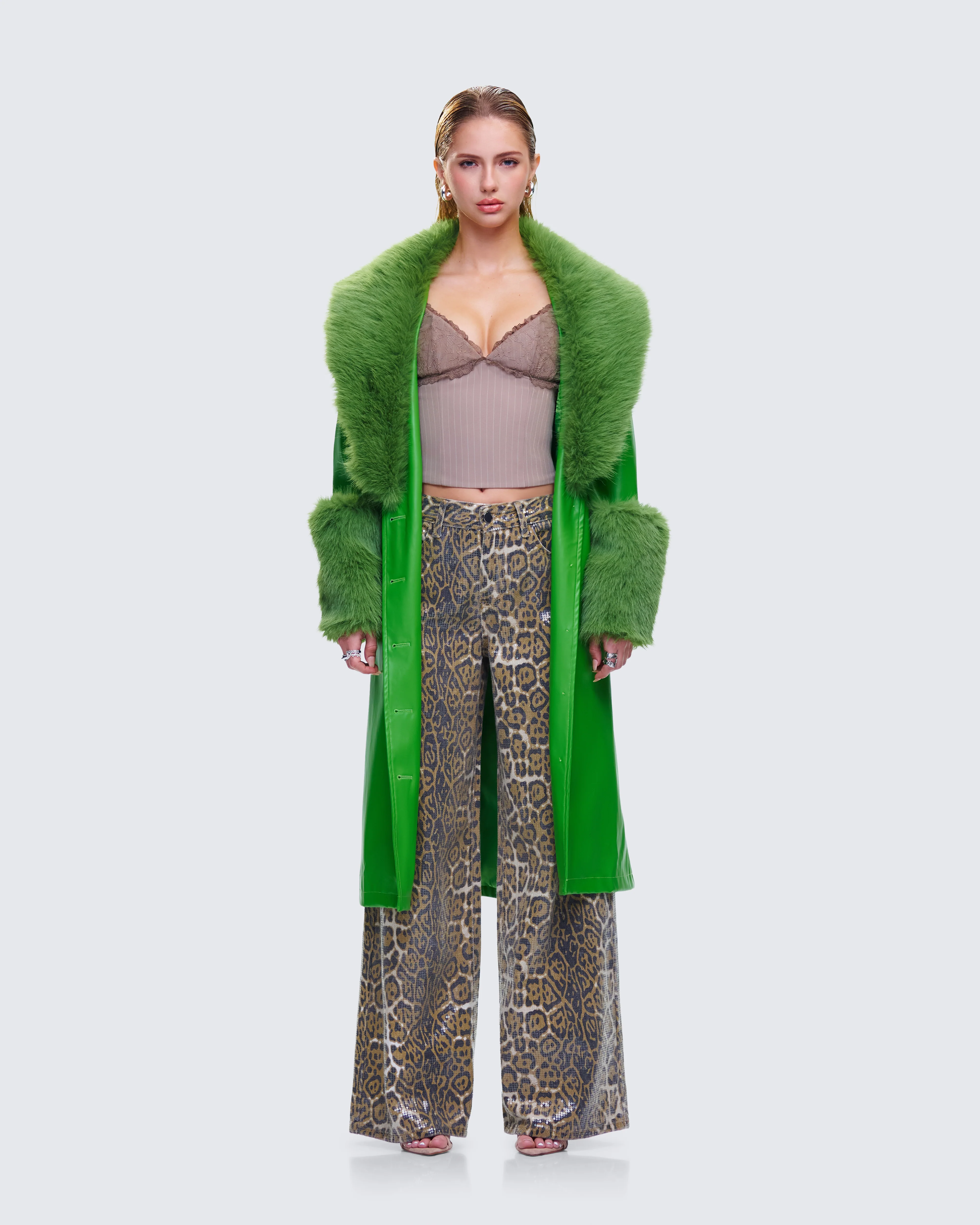 Chlo Green Faux Leather Fur Trim Coat - Image 4