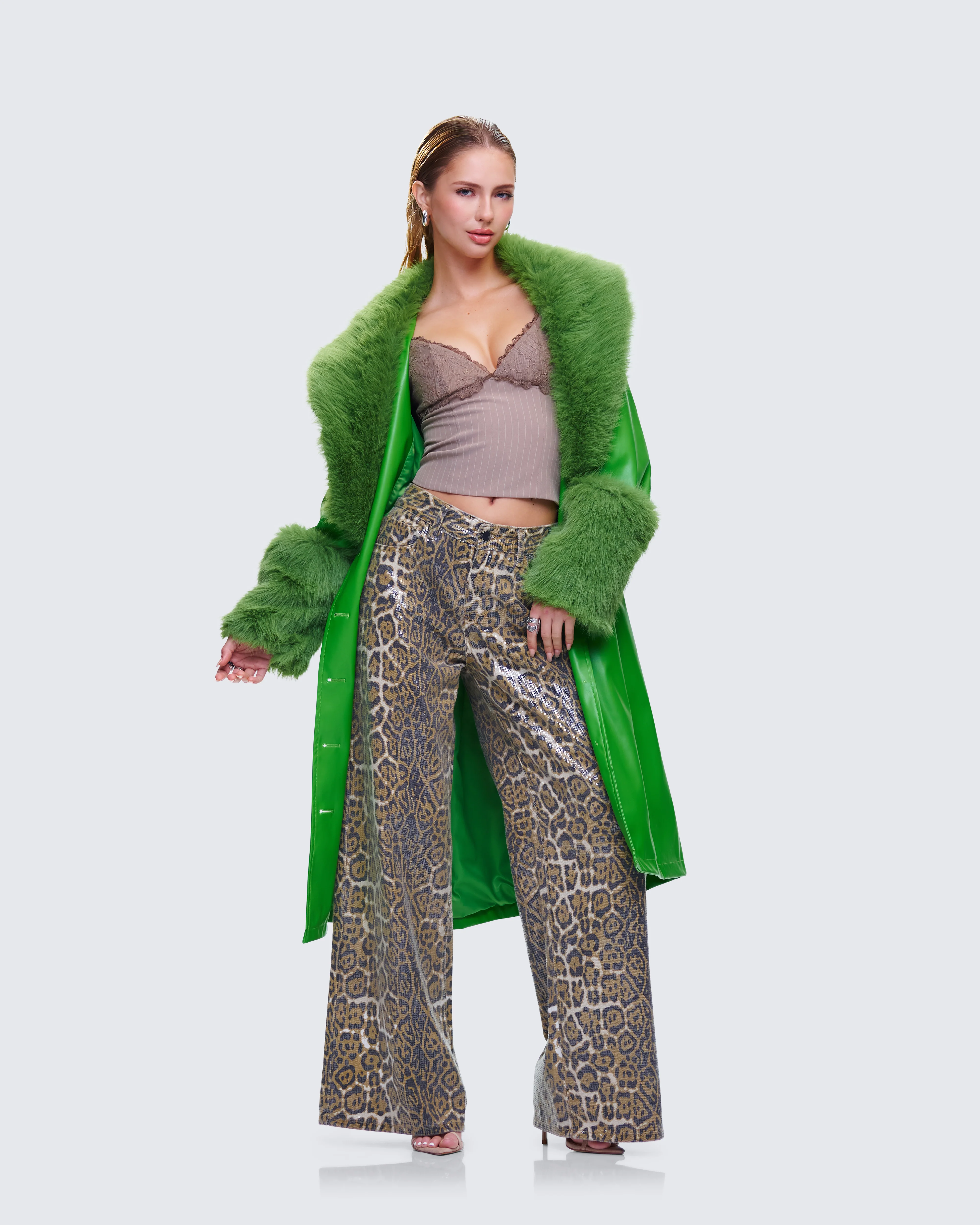 Chlo Green Faux Leather Fur Trim Coat - Image 5