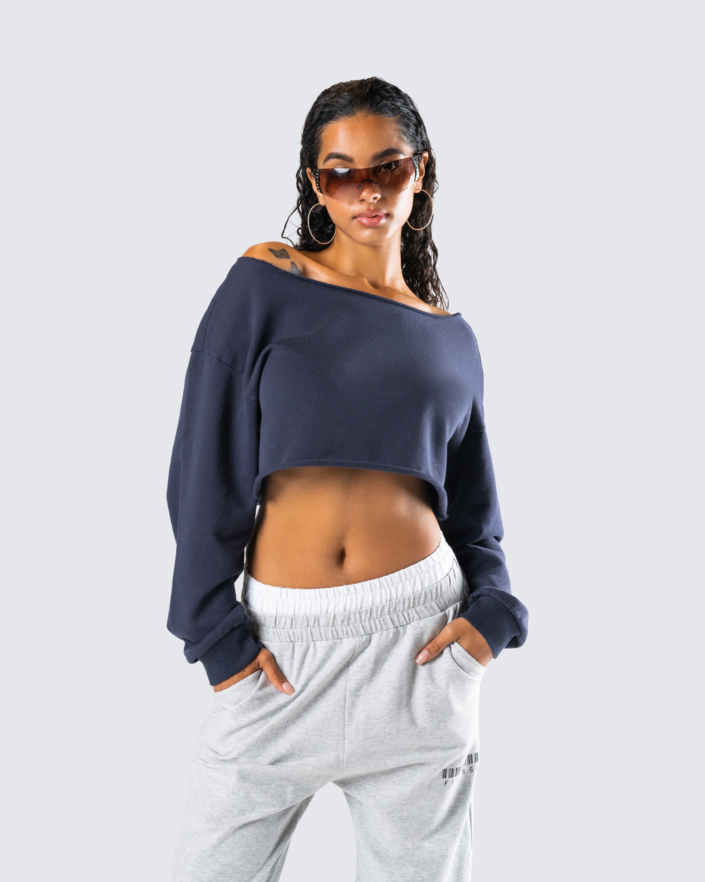 Cory Navy Long Sleeve Crop Top - Image 8