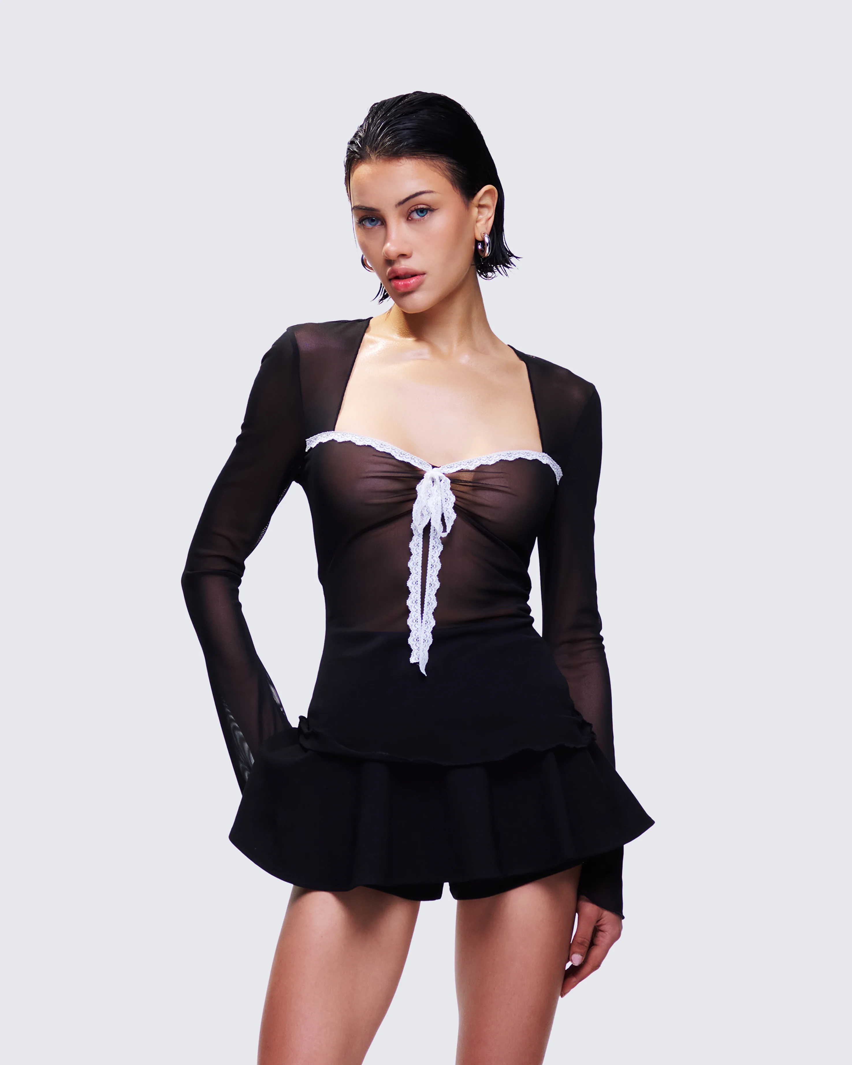 Damaris Black Long Sleeve Bow Trim Top - Image 3