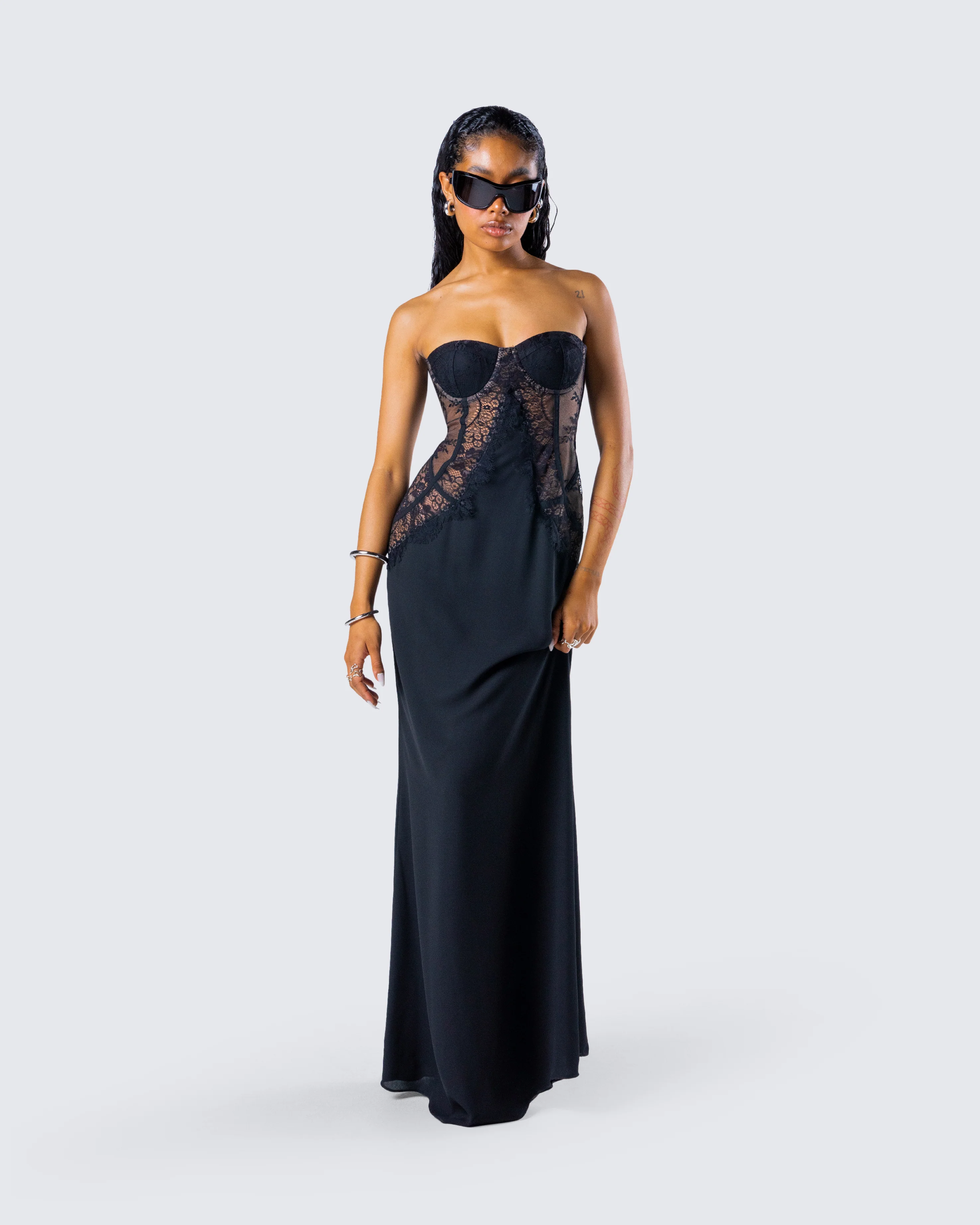 Debra Black Lace Panel Maxi Dress - Image 8