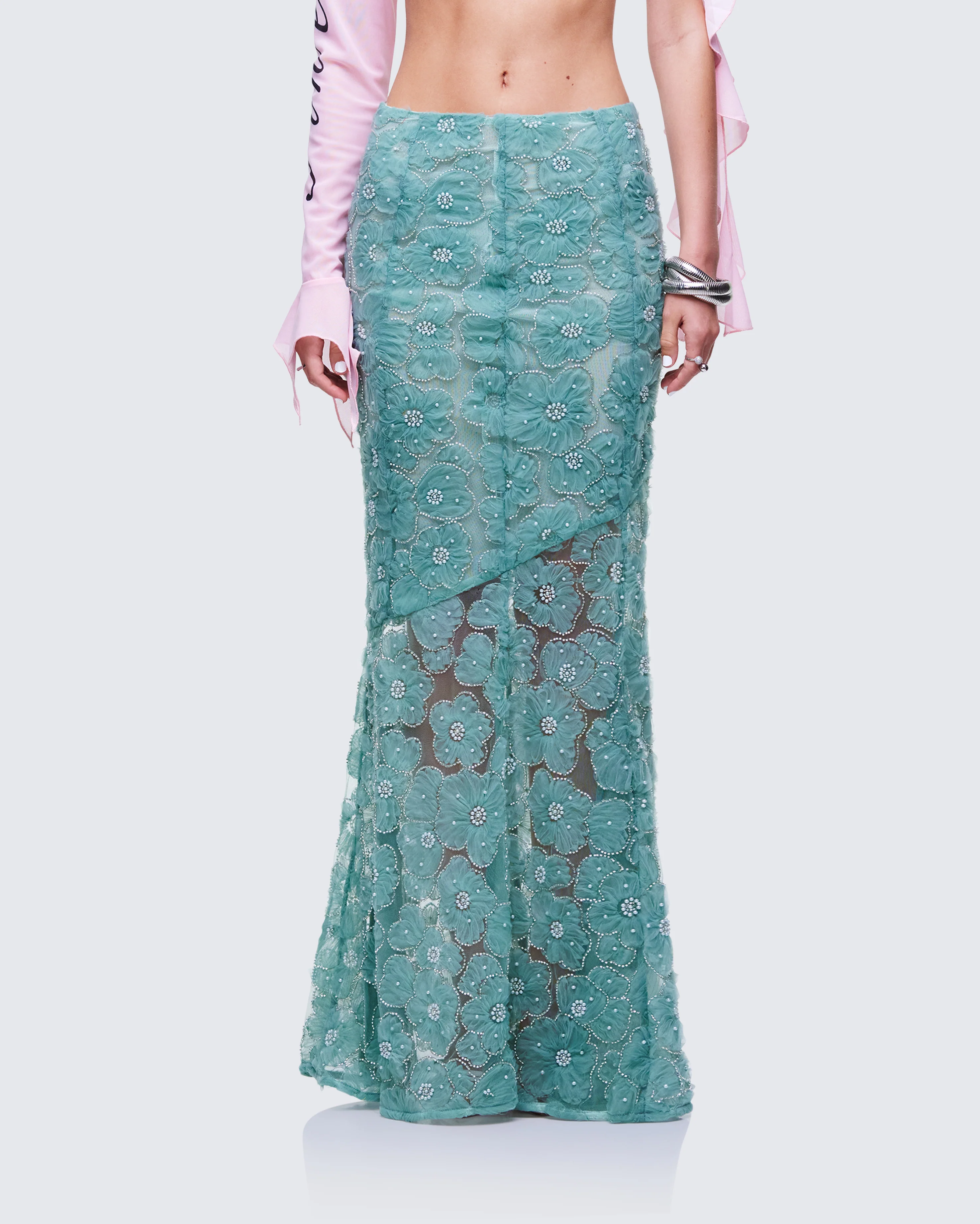 Delancy Green Embroidered Maxi Skirt - Image 2