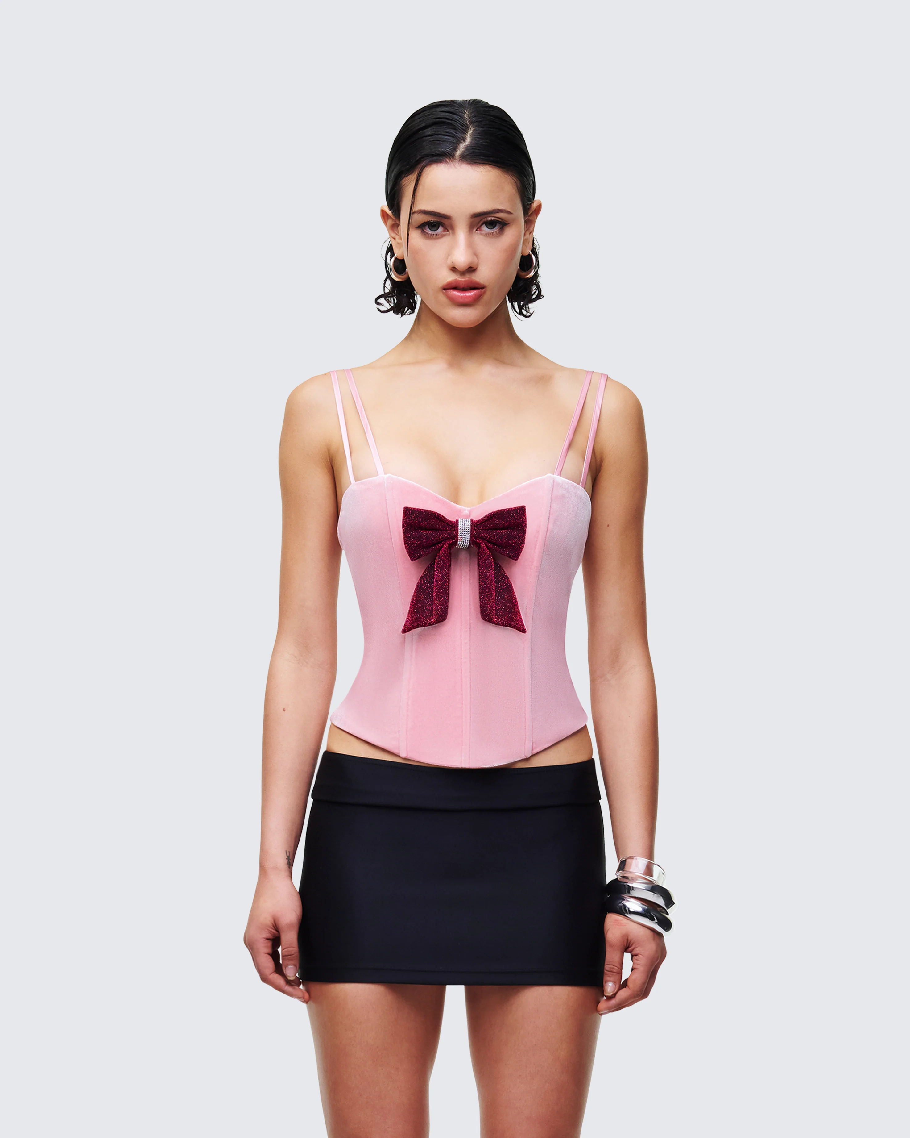 Demy Pink Velvet Bow Detail Corset Top - Image 2