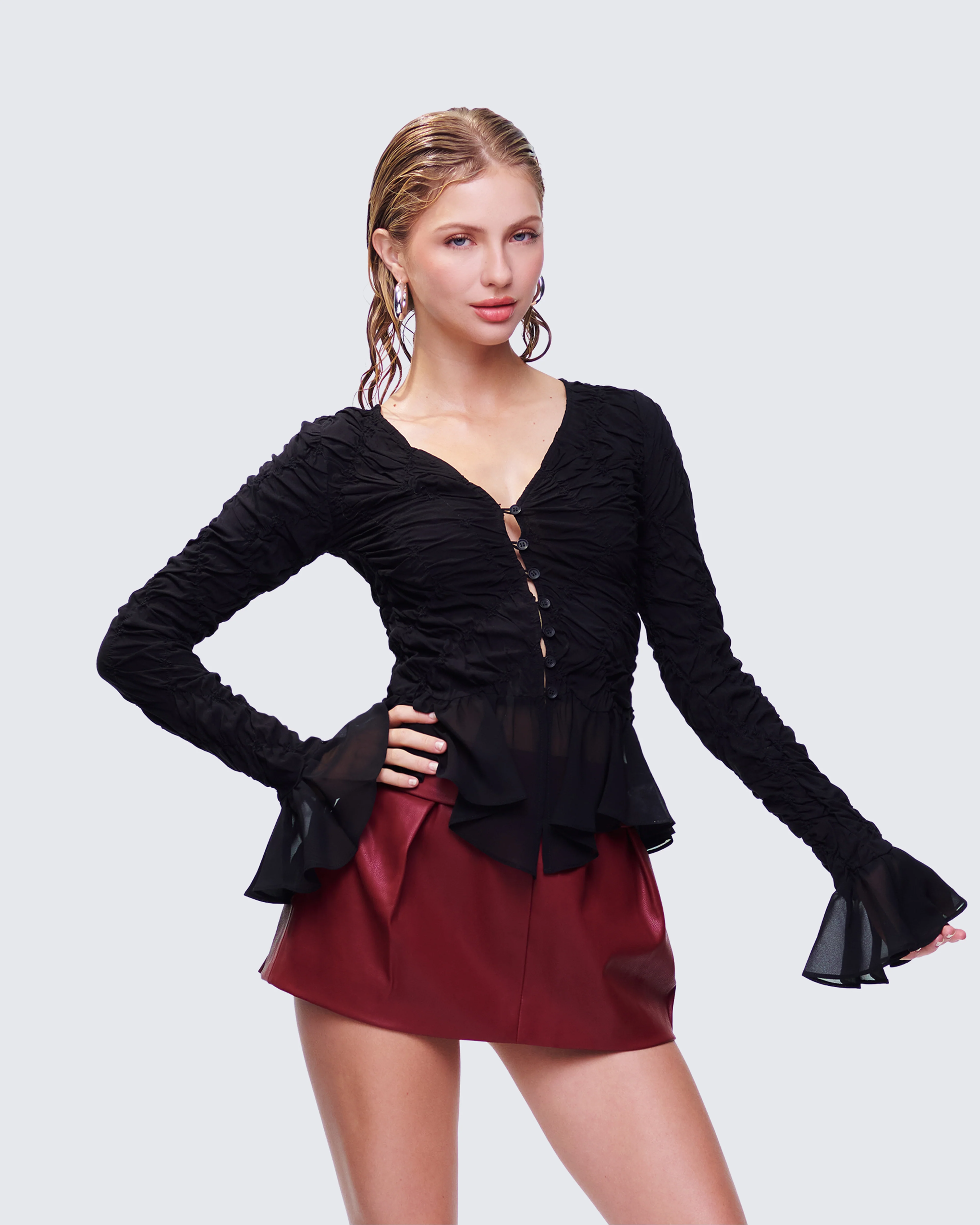 Eilis Black Texture Flute Cuff Blouse - Image 3