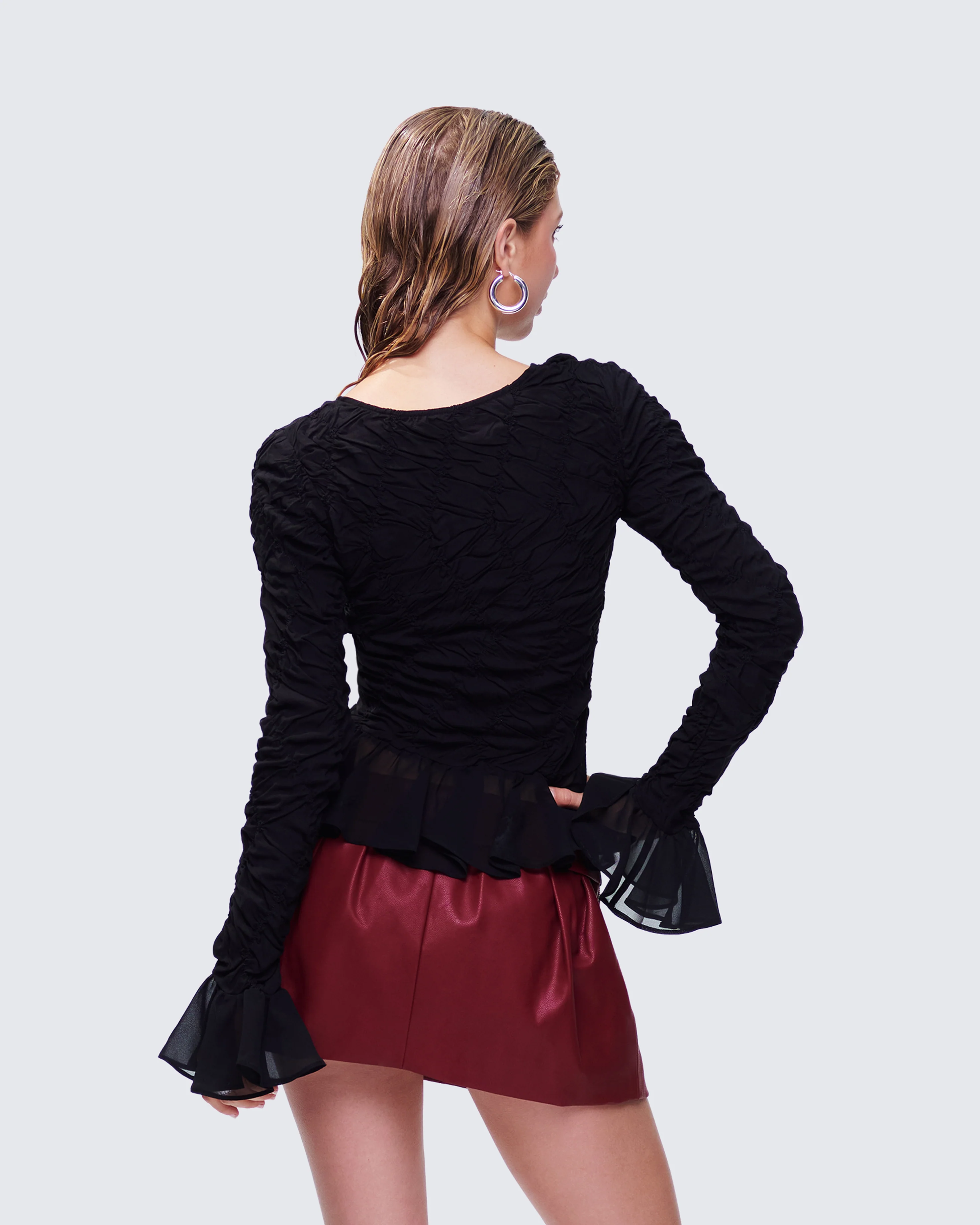 Eilis Black Texture Flute Cuff Blouse - Image 4