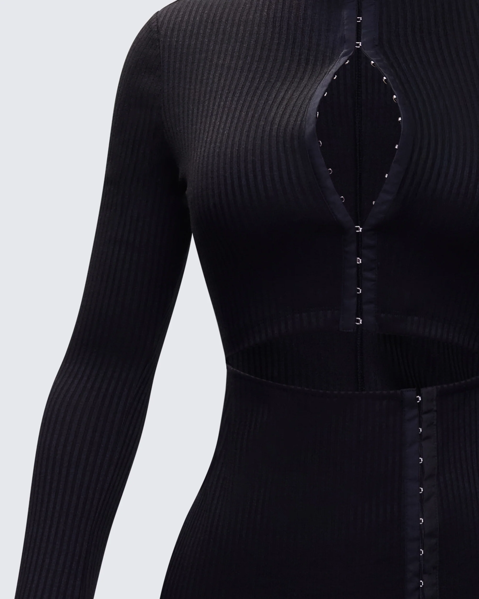 Eithne Black Rib Eyelet Front Mini Dress - Image 6