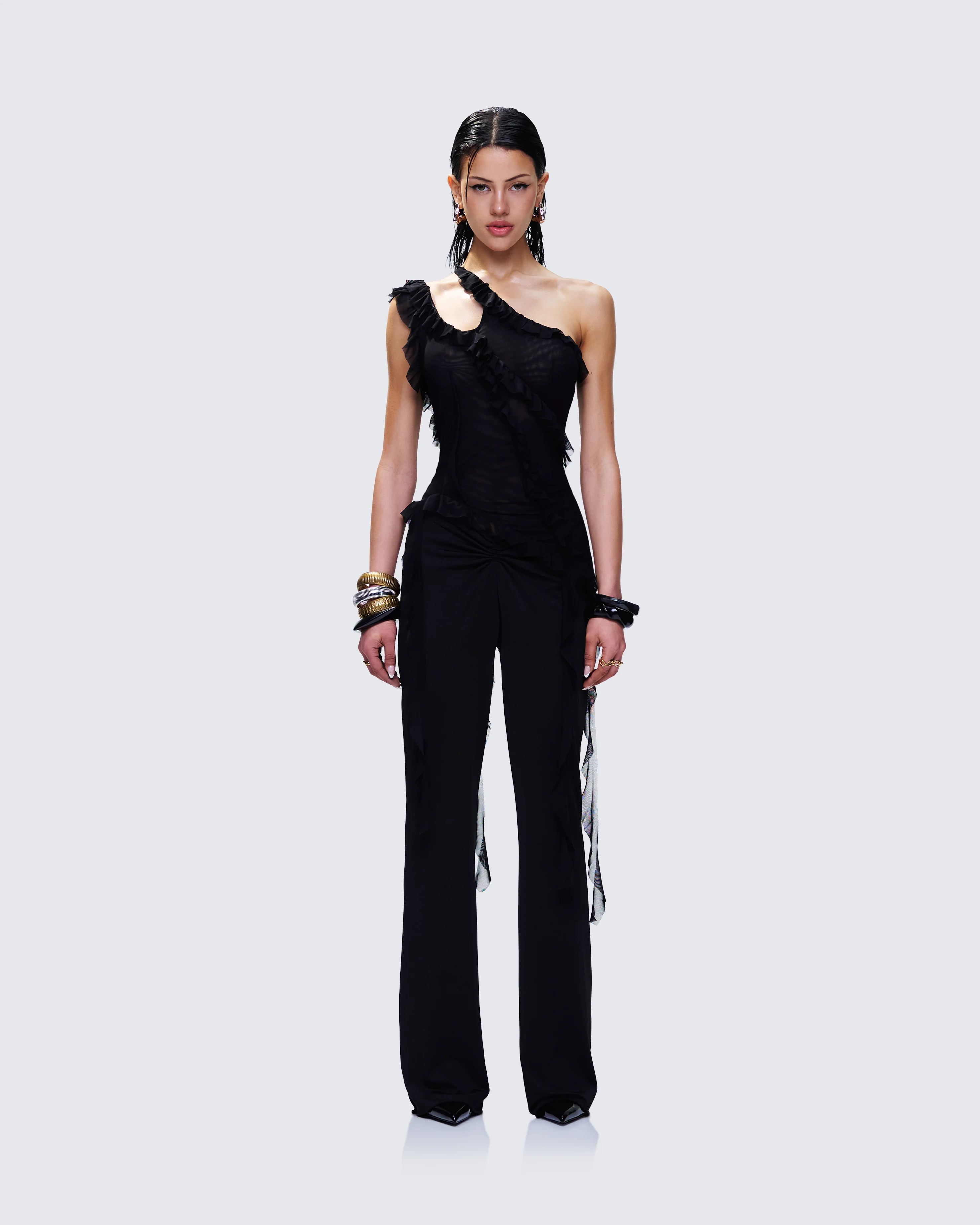 Ekaterina Black Mesh Ruffle Top - Image 4