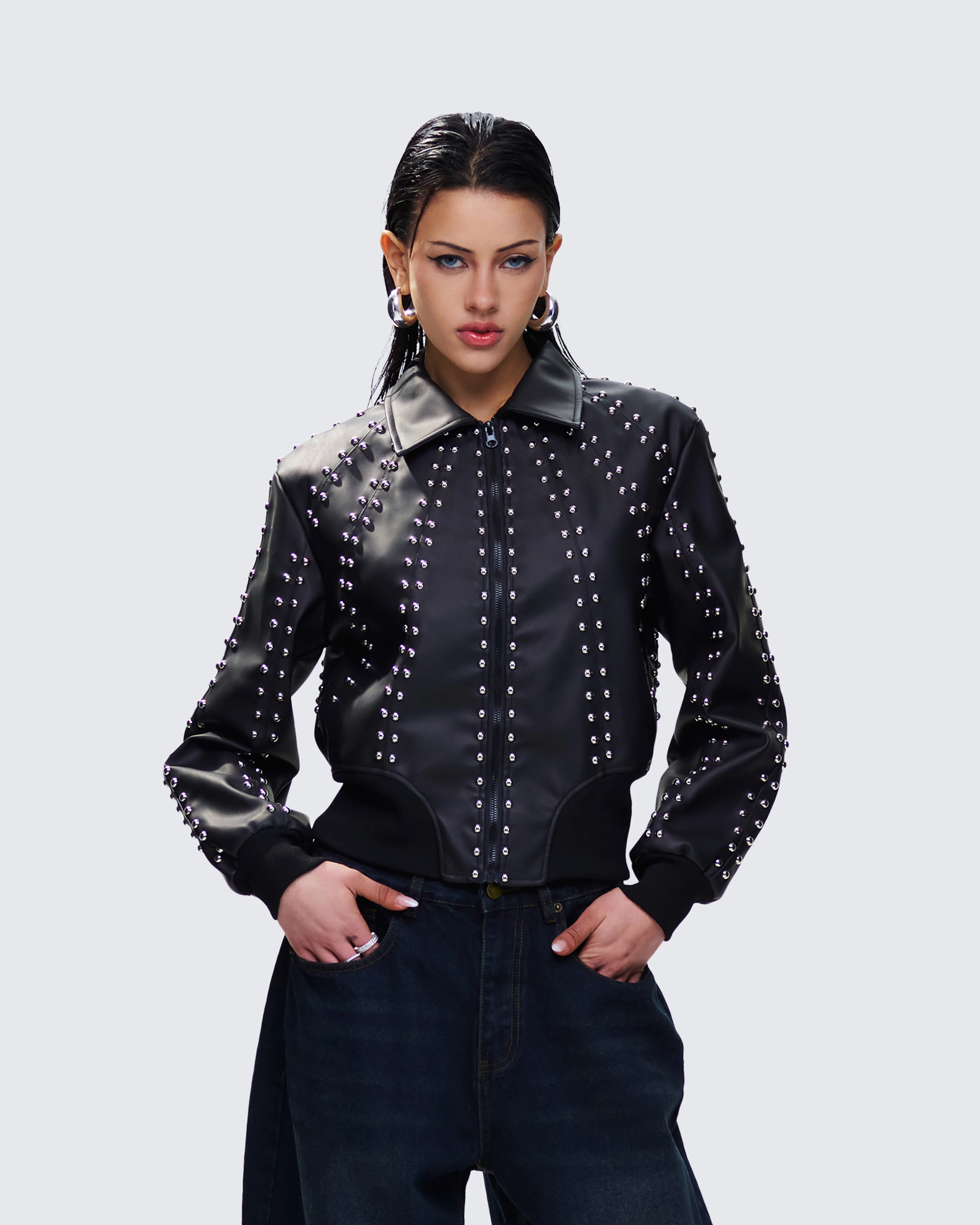 Eleri Black Vegan Leather Studded Jacket - Image 3