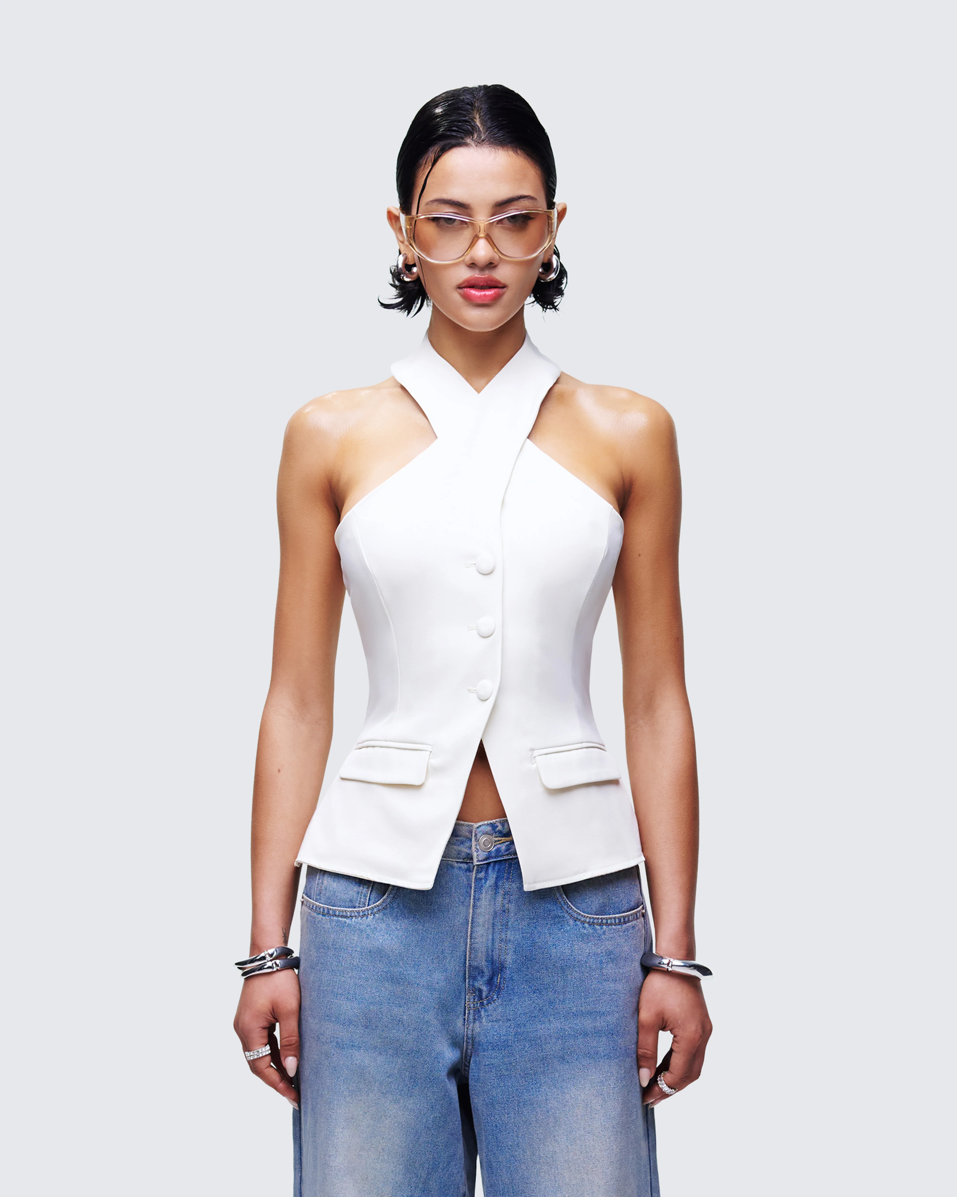 Elina Cream Halter Neck Waistcoat - Image 2