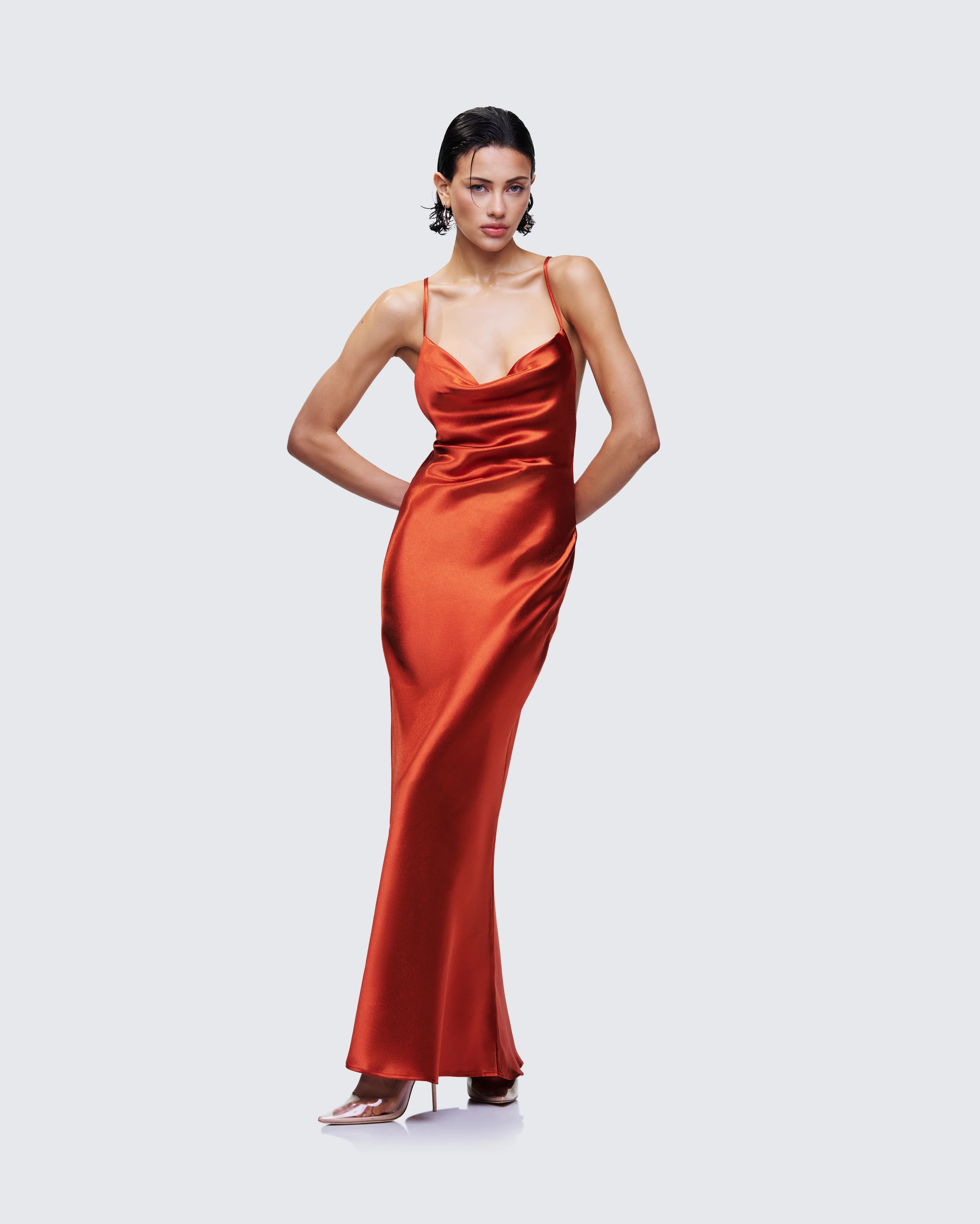 Elspeth Orange Satin Bias Slip Maxi Dress - Image 3