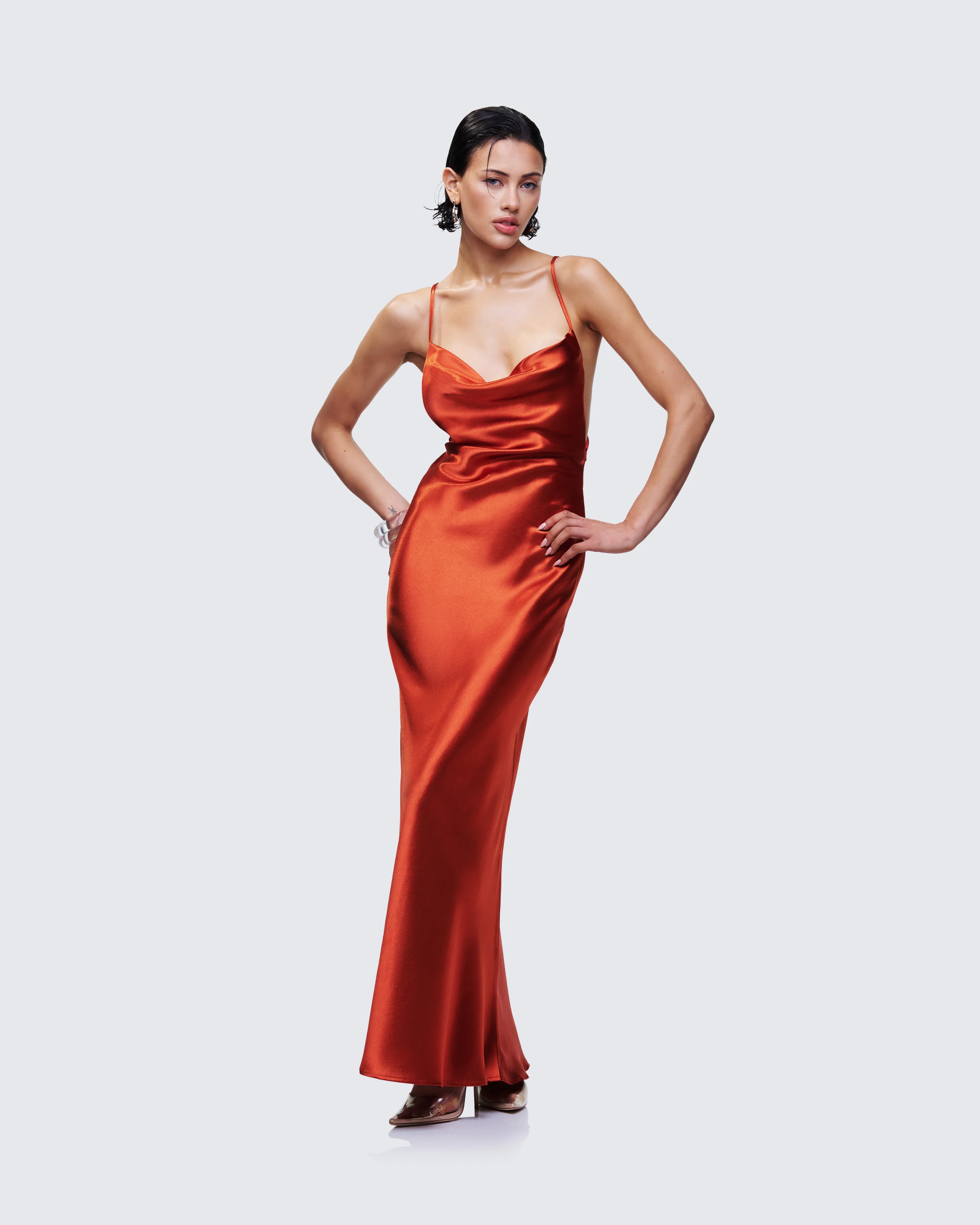 Elspeth Orange Satin Bias Slip Maxi Dress - Image 4
